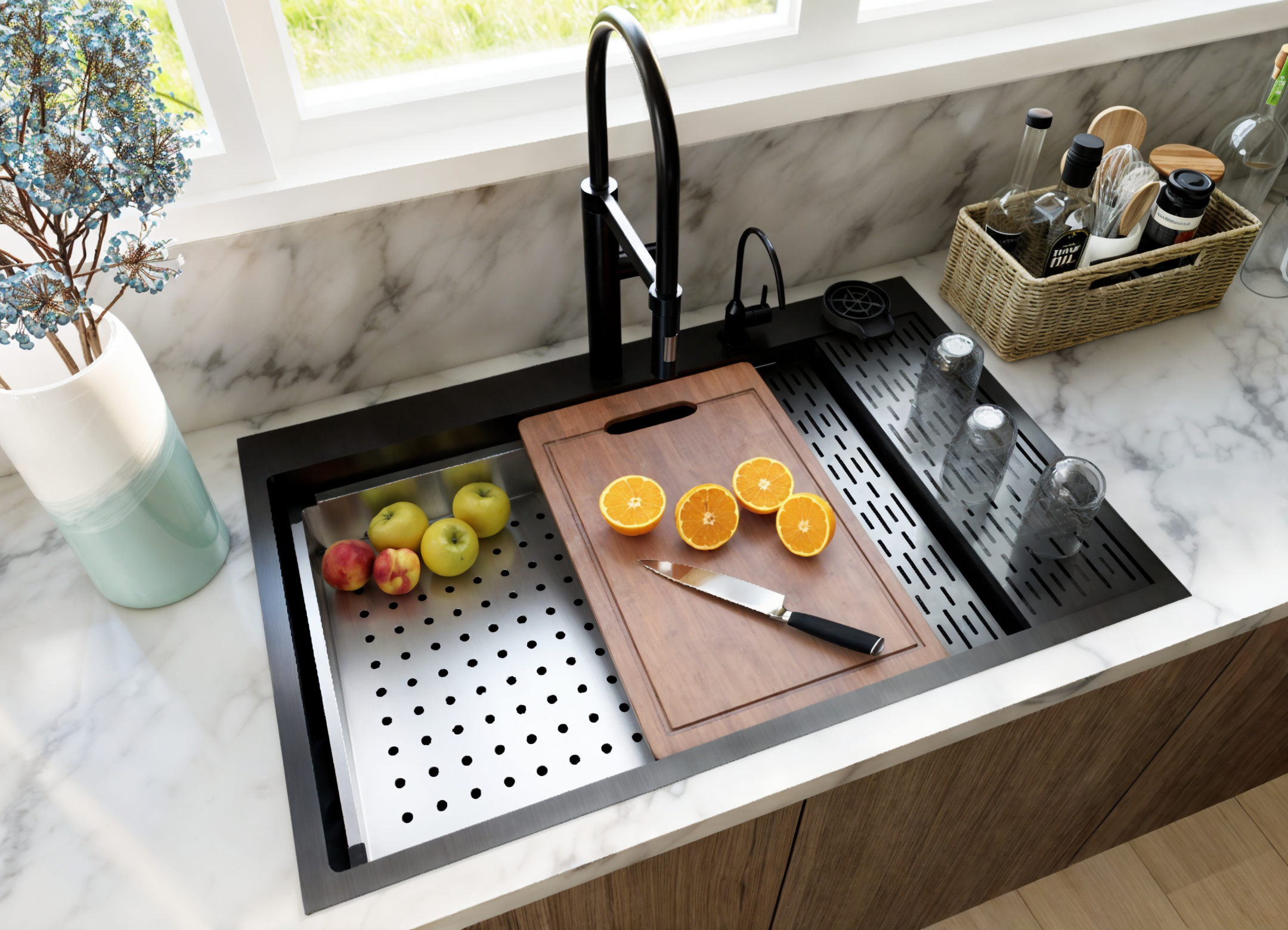 CozyBlock EmboPress Series Topmount Workstation Kitchen Sink - Premium 16 Gauge Black Stainless Steel with Integrated Drainboard, Dual-Tier Ledges, and Honeycomb Embossing, Complete Package w/ Cutting Board, Dish Rack, Strainer