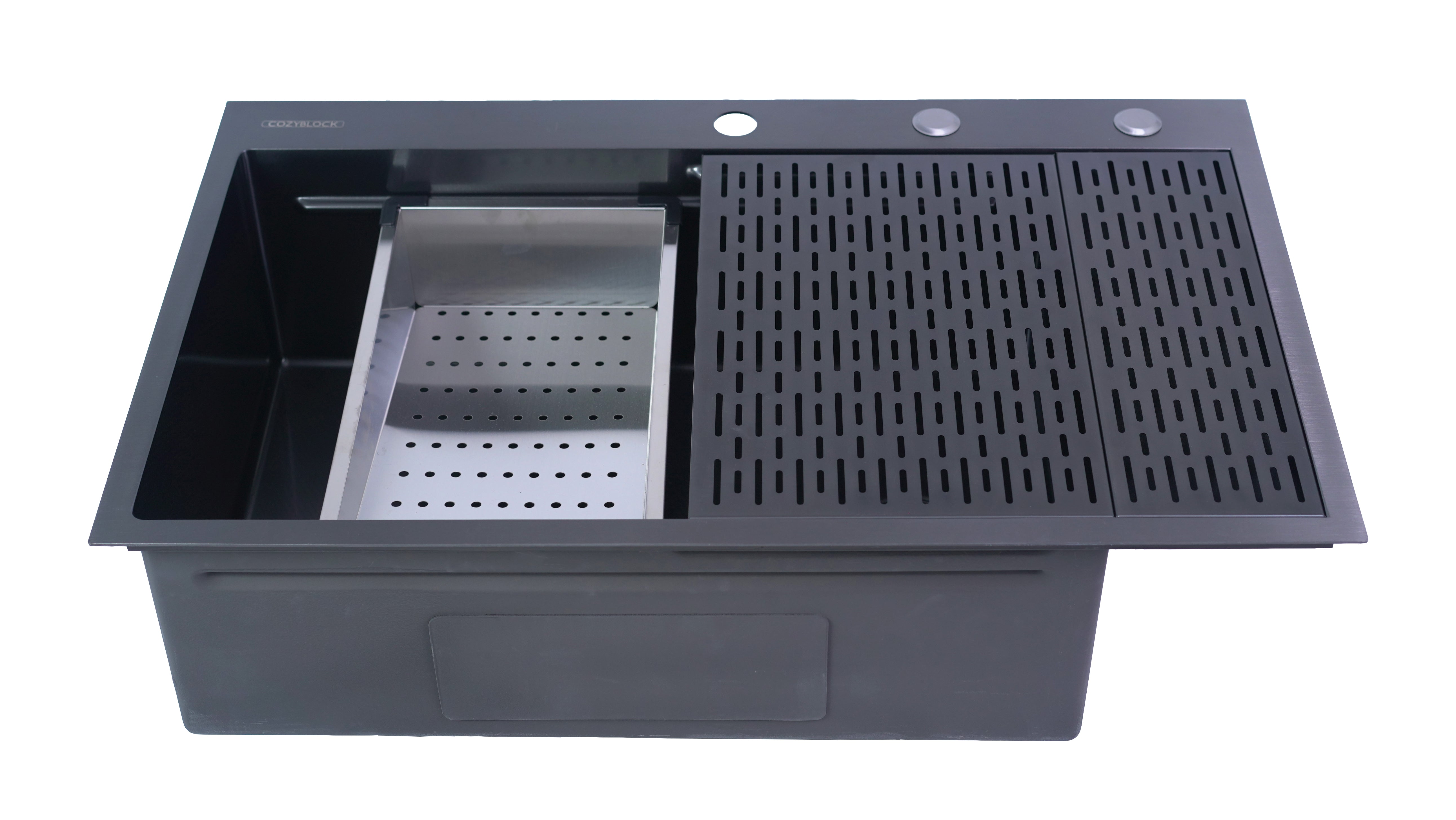 CozyBlock EmboPress Series Topmount Workstation Kitchen Sink - Premium 16 Gauge Black Stainless Steel with Integrated Drainboard, Dual-Tier Ledges, and Honeycomb Embossing, Complete Package w/ Cutting Board, Dish Rack, Strainer