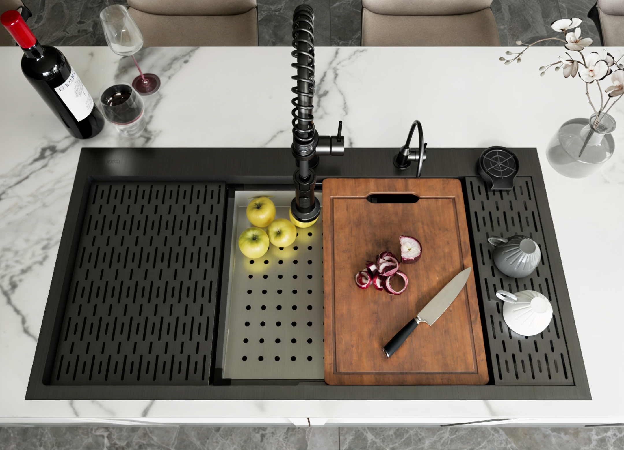 CozyBlock EmboPress Series Topmount Workstation Kitchen Sink - Premium 16 Gauge Black Stainless Steel with Integrated Drainboard, Dual-Tier Ledges, and Honeycomb Embossing, Complete Package w/ Cutting Board, Dish Rack, Strainer