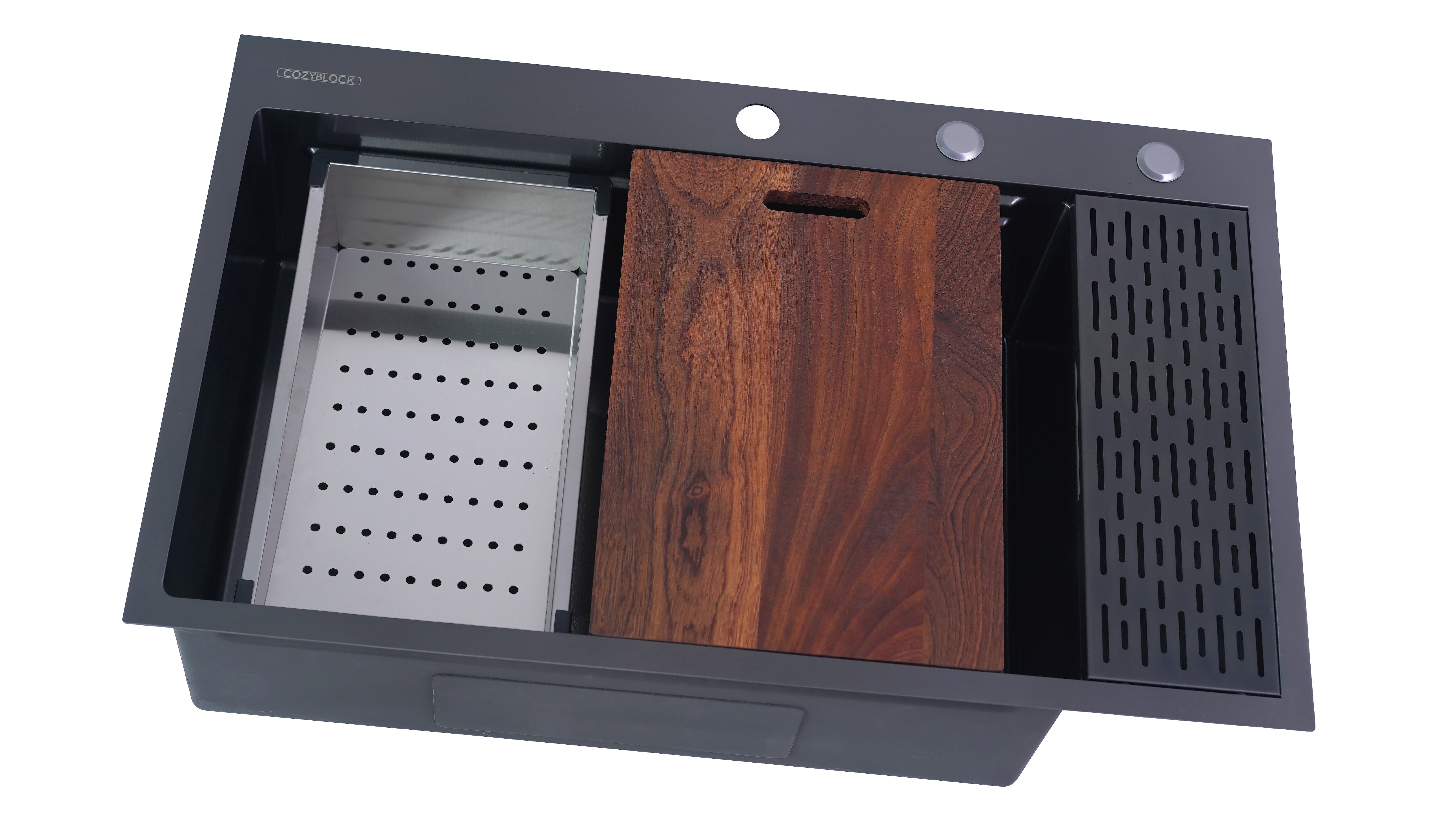 CozyBlock EmboPress Series Topmount Workstation Kitchen Sink - Premium 16 Gauge Black Stainless Steel with Integrated Drainboard, Dual-Tier Ledges, and Honeycomb Embossing, Complete Package w/ Cutting Board, Dish Rack, Strainer