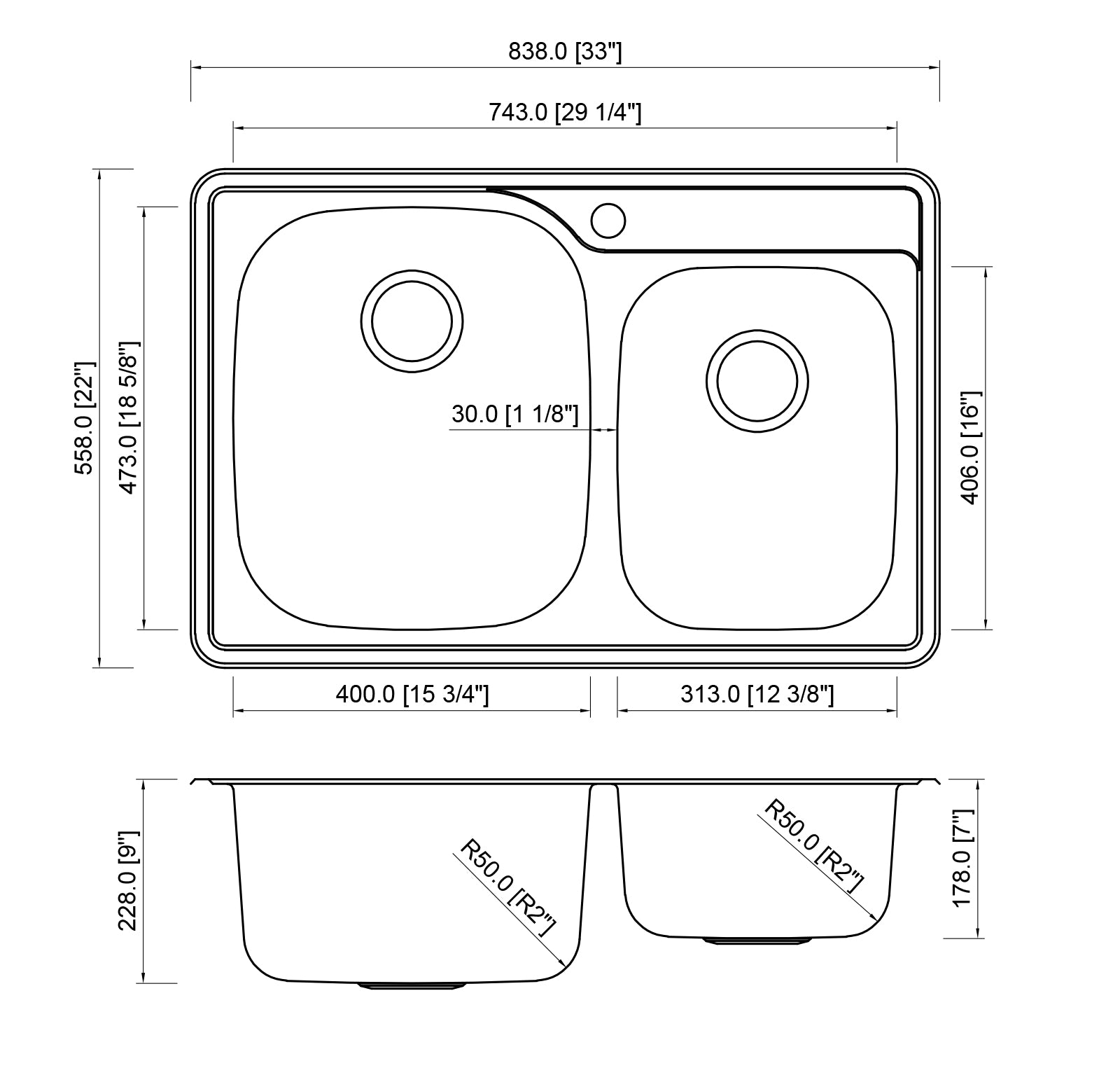 33 in. x 22 in. Topmount / Drop-in 18 Gauge Stainless Steel Double Bowl (60/40) Kitchen Sink with 9 in. Deep