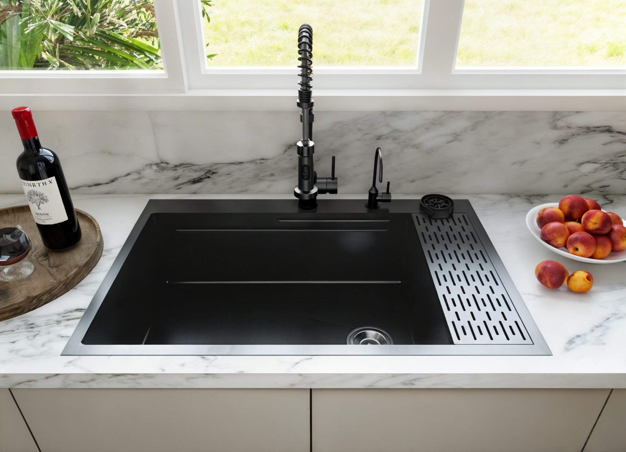 CozyBlock EmboPress Series Topmount Workstation Kitchen Sink - Premium 16 Gauge Black Stainless Steel with Integrated Drainboard, Dual-Tier Ledges, and Honeycomb Embossing, Complete Package w/ Cutting Board, Dish Rack, Strainer