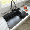 CozyBlock EmboPress Series Topmount Workstation Kitchen Sink - Premium 16 Gauge Black Stainless Steel with Integrated Drainboard, Dual-Tier Ledges, and Honeycomb Embossing, Complete Package w/ Cutting Board, Dish Rack, Strainer