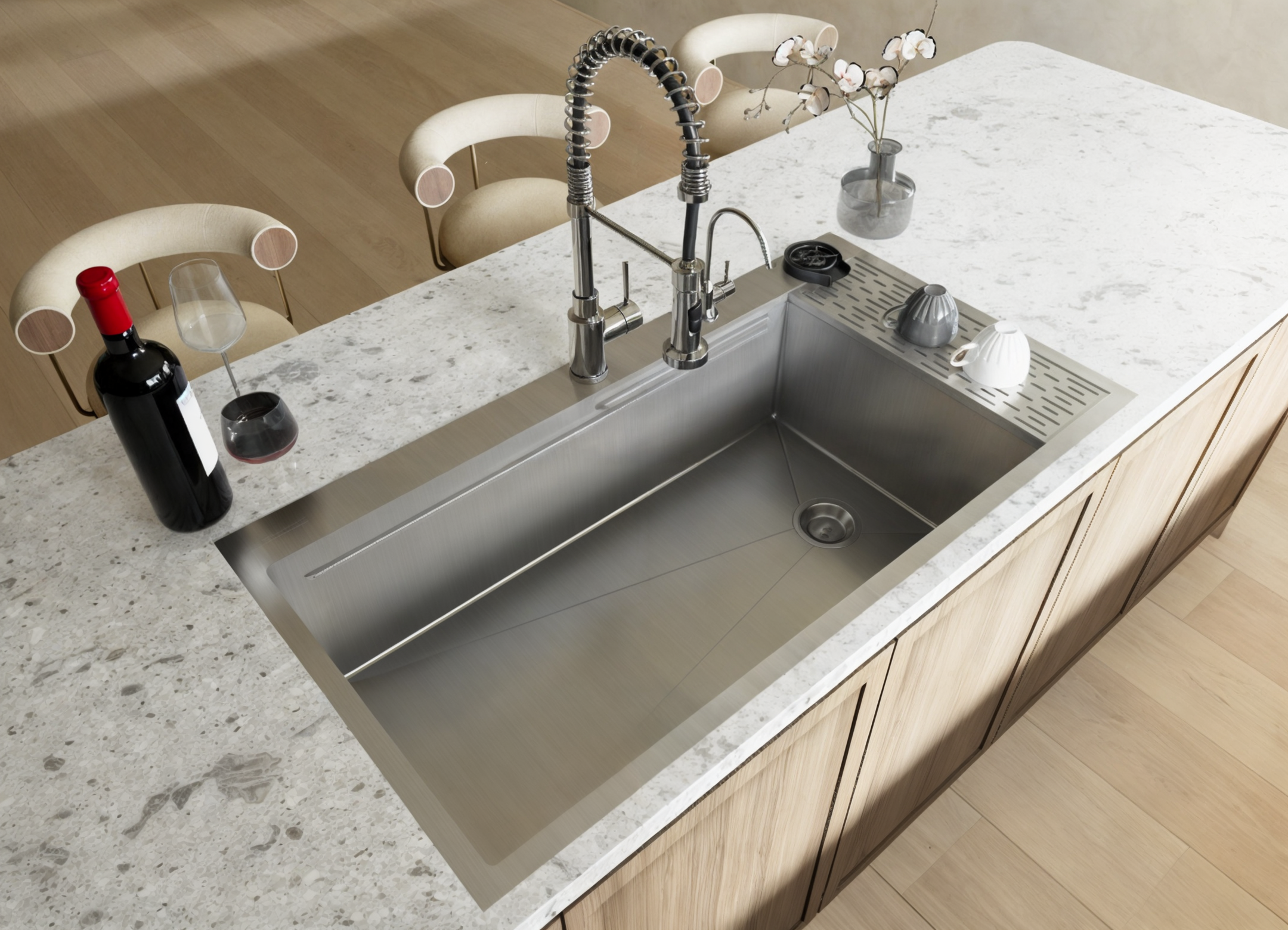 CozyBlock EmboPress Series Topmount Workstation Kitchen Sink - Premium 16 Gauge Stainless Steel with Integrated Drainboard, Dual-Tier Ledges, and Honeycomb Embossing, Complete Package w/ Cutting Board, Dish Rack, Strainer