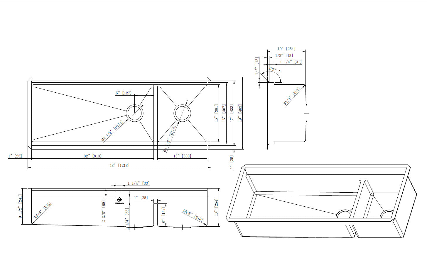 48 in. Workstation Undermount 16 Gauge Stainless Steel Double Bowl Kitchen Sink w/ Integrated Ledge, 15mm Tight Radius with Premium Accessories