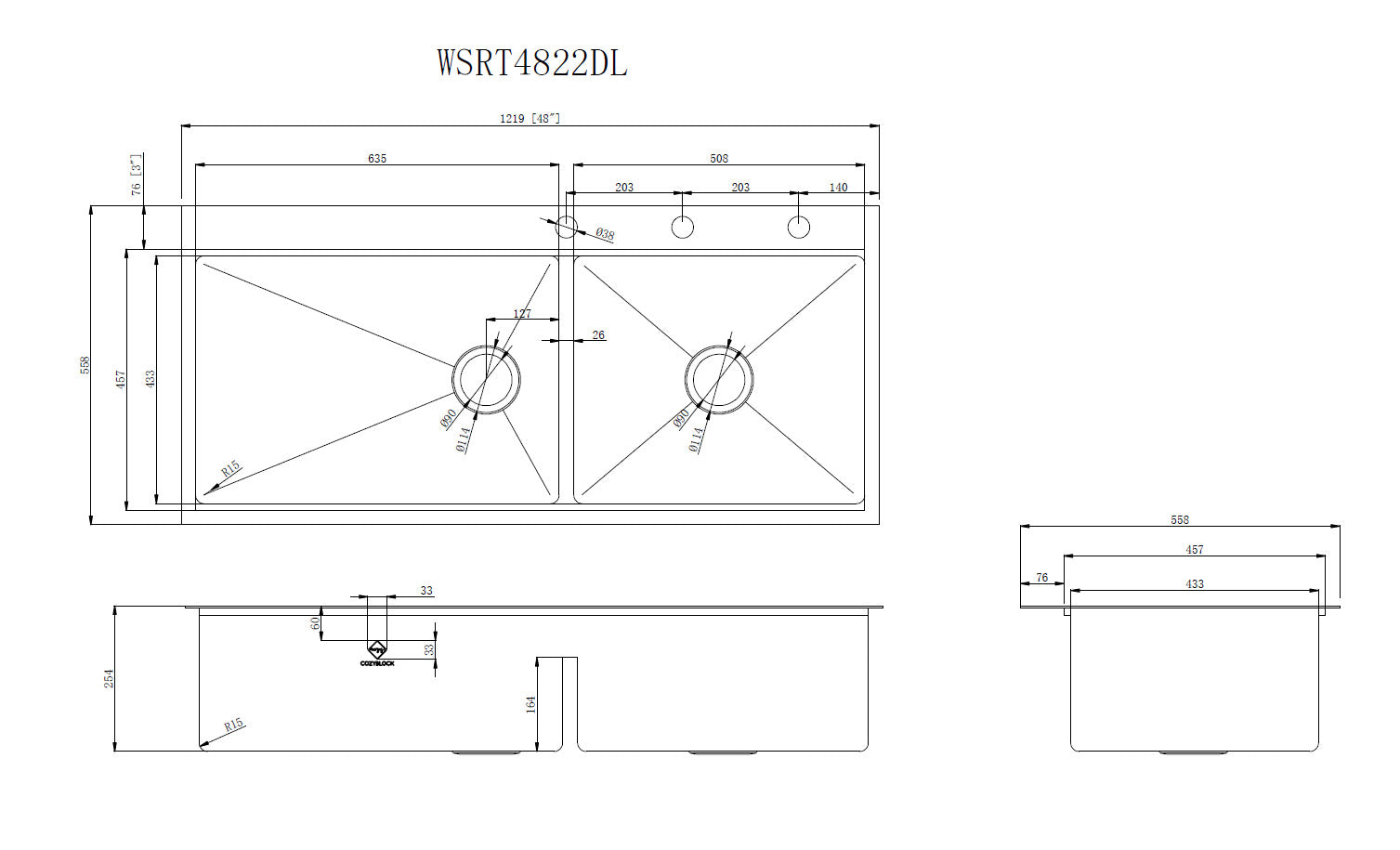 48 in. Workstation Topmount / Drop-in Nano Black 16 Gauge Stainless Steel Double Bowl Kitchen Sink Integrated Ledge Tight Radius w/ Premium Accessories