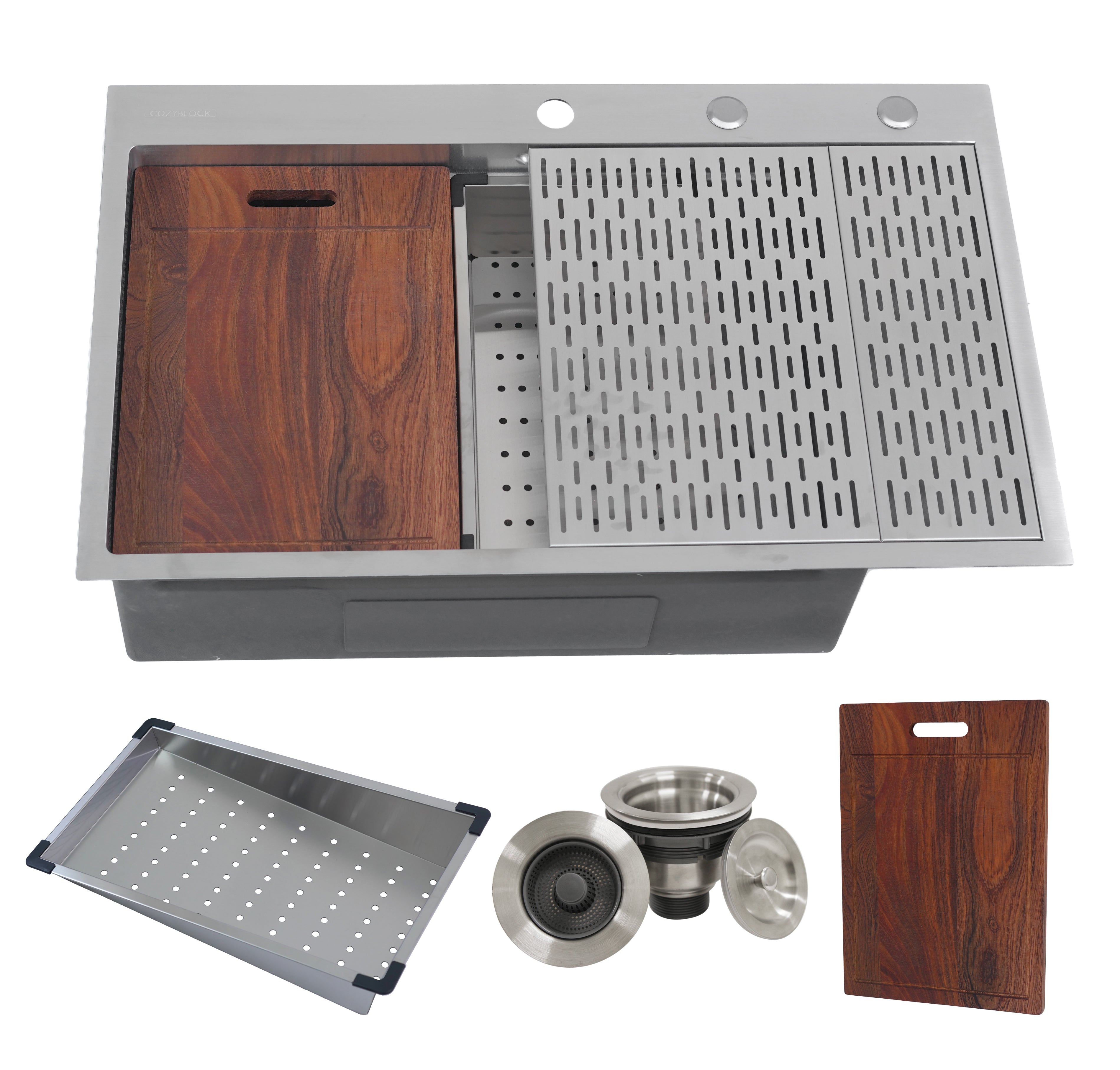 CozyBlock EmboPress Series Topmount Workstation Kitchen Sink - Premium 16 Gauge Stainless Steel with Integrated Drainboard, Dual-Tier Ledges, and Honeycomb Embossing, Complete Package w/ Cutting Board, Dish Rack, Strainer