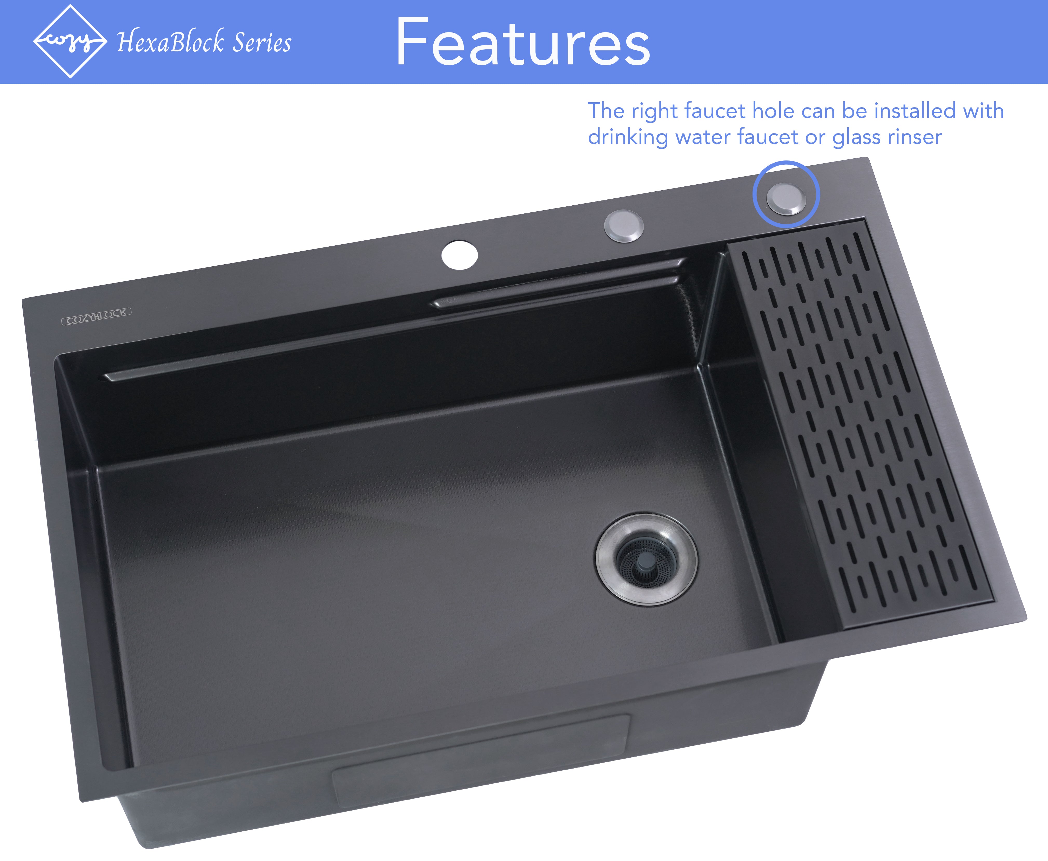 CozyBlock EmboPress Series Topmount Workstation Kitchen Sink - Premium 16 Gauge Black Stainless Steel with Integrated Drainboard, Dual-Tier Ledges, and Honeycomb Embossing, Complete Package w/ Cutting Board, Dish Rack, Strainer