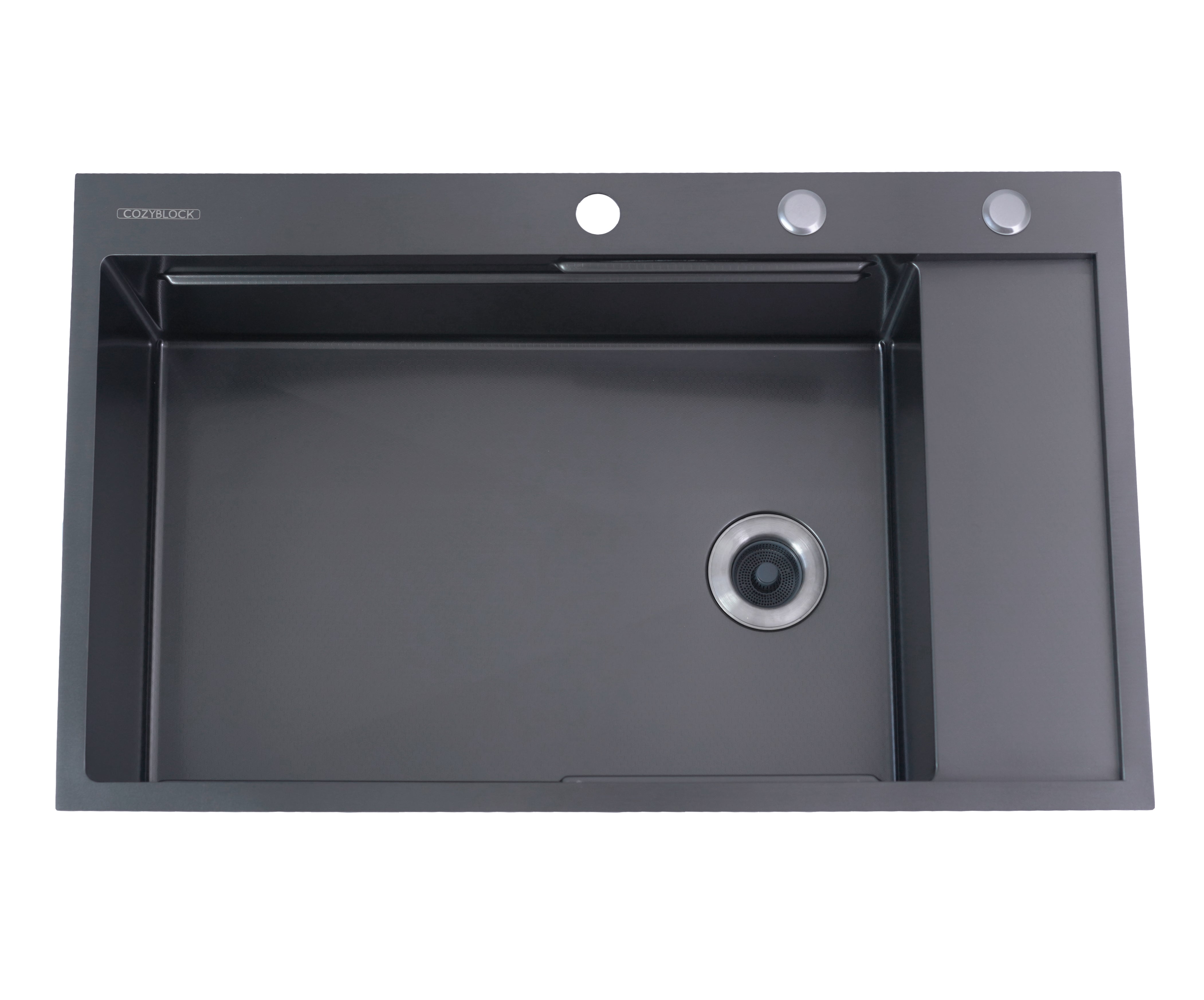 CozyBlock EmboPress Series Topmount Workstation Kitchen Sink - Premium 16 Gauge Black Stainless Steel with Integrated Drainboard, Dual-Tier Ledges, and Honeycomb Embossing, Complete Package w/ Cutting Board, Dish Rack, Strainer