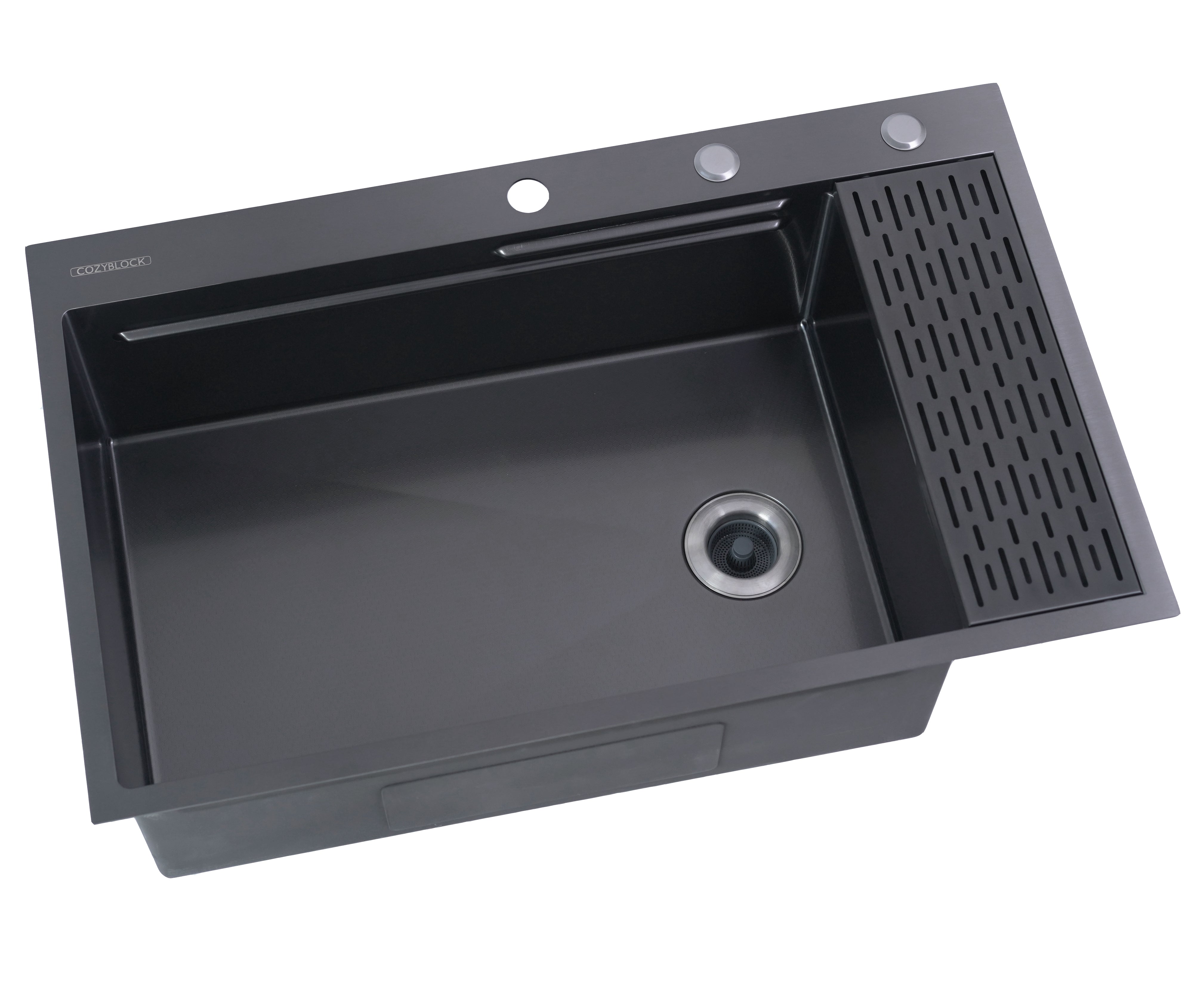 CozyBlock EmboPress Series Topmount Workstation Kitchen Sink - Premium 16 Gauge Black Stainless Steel with Integrated Drainboard, Dual-Tier Ledges, and Honeycomb Embossing, Complete Package w/ Cutting Board, Dish Rack, Strainer