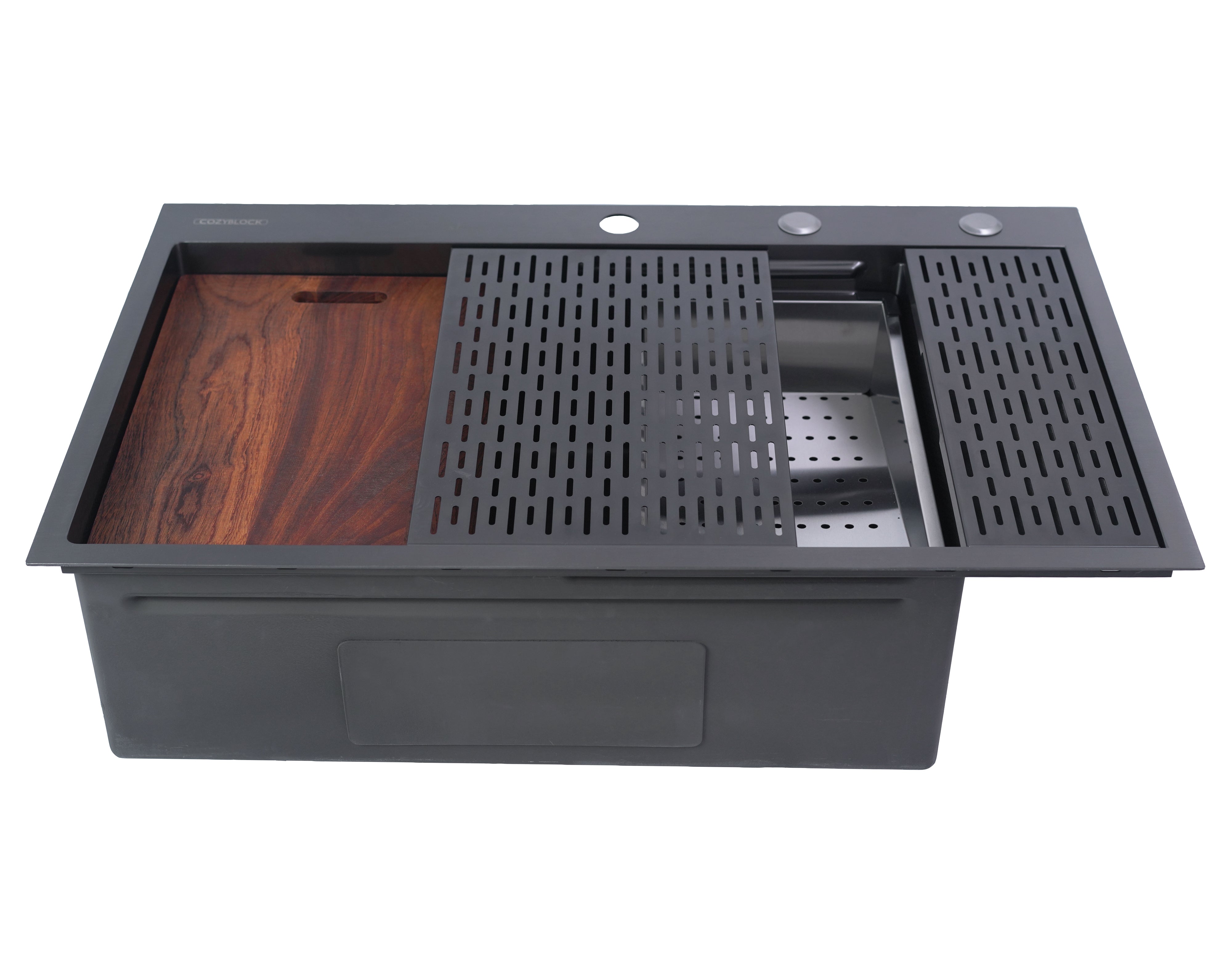 CozyBlock EmboPress Series Topmount Workstation Kitchen Sink - Premium 16 Gauge Black Stainless Steel with Integrated Drainboard, Dual-Tier Ledges, and Honeycomb Embossing, Complete Package w/ Cutting Board, Dish Rack, Strainer