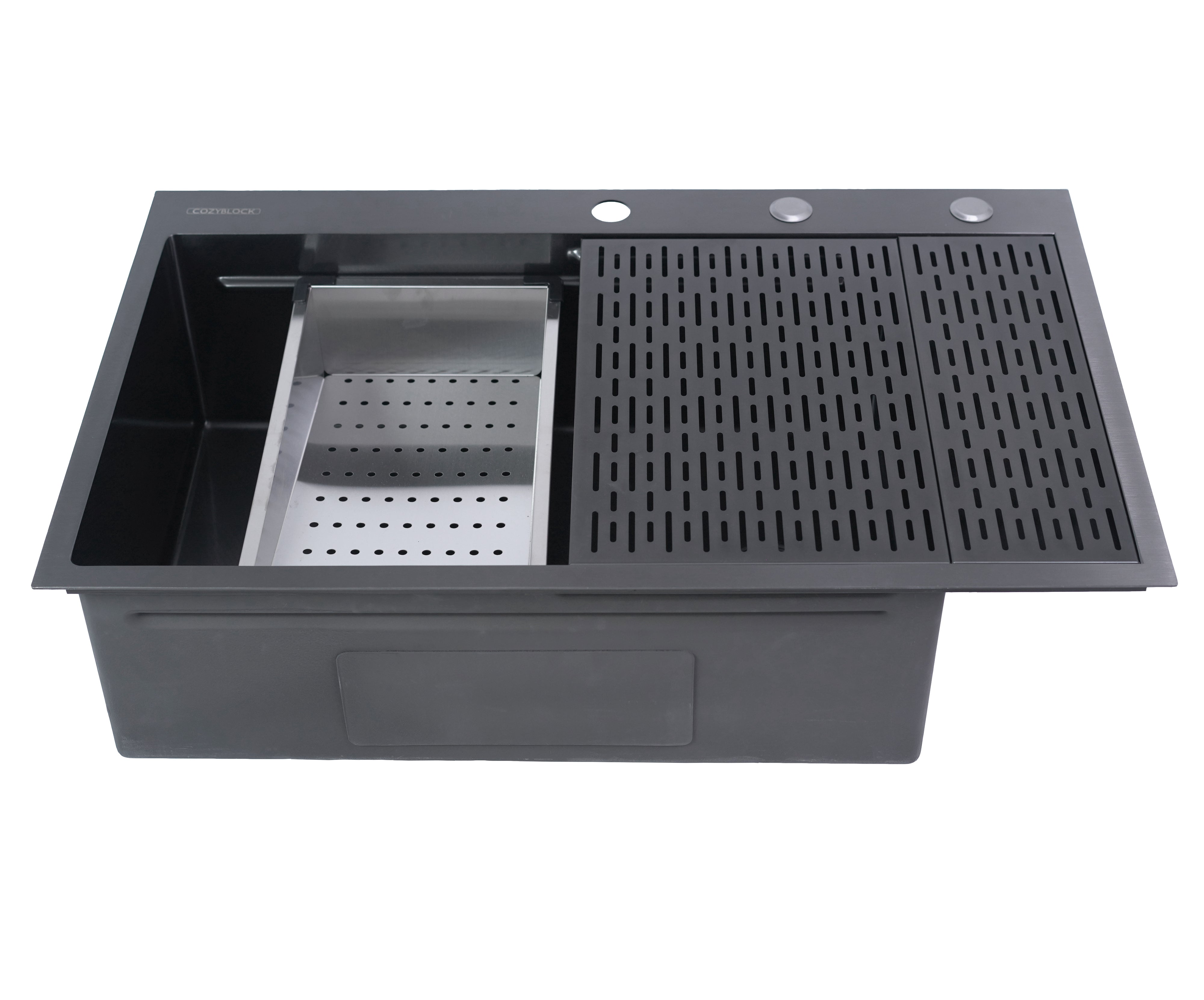 CozyBlock EmboPress Series Topmount Workstation Kitchen Sink - Premium 16 Gauge Black Stainless Steel with Integrated Drainboard, Dual-Tier Ledges, and Honeycomb Embossing, Complete Package w/ Cutting Board, Dish Rack, Strainer