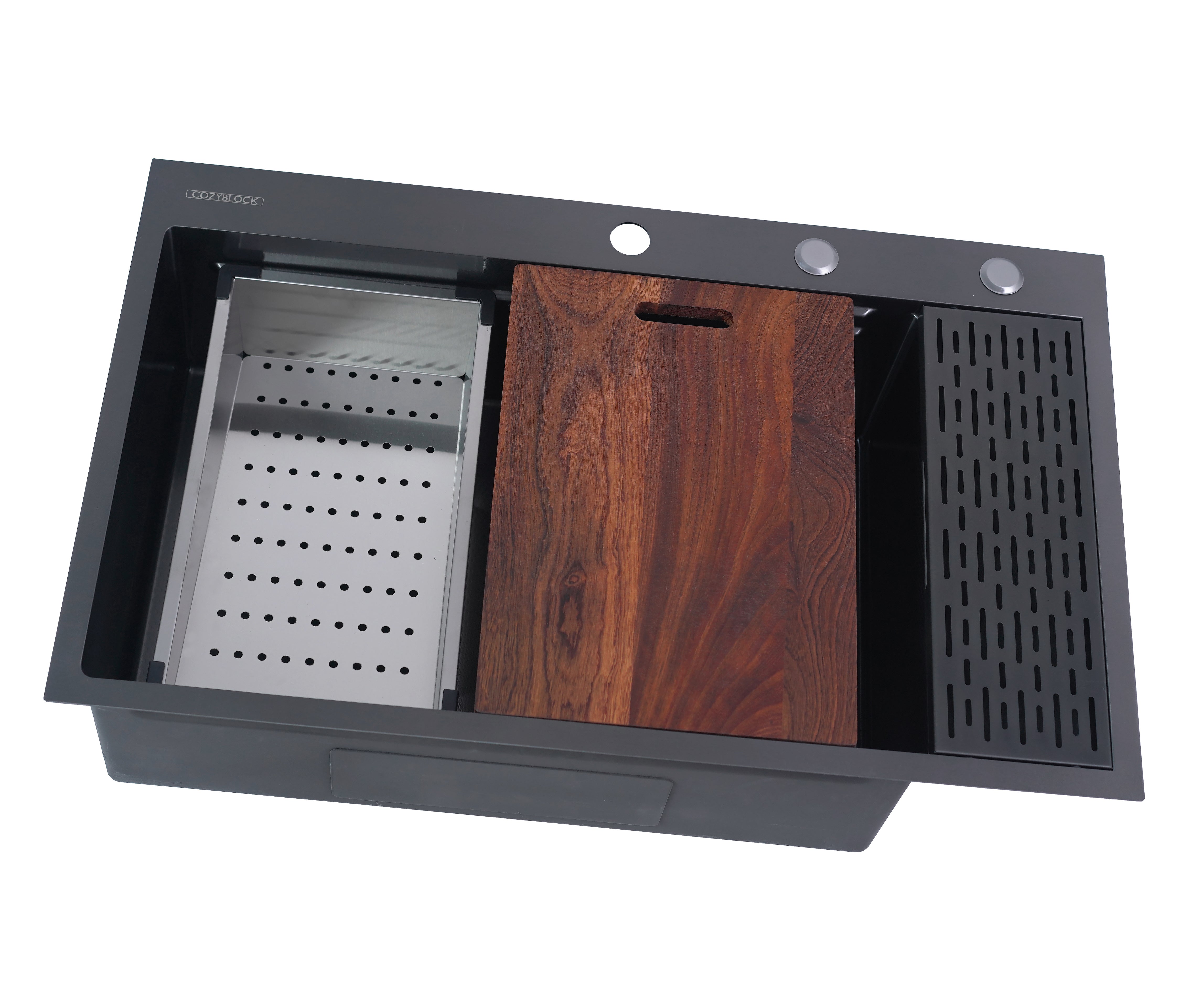 CozyBlock EmboPress Series Topmount Workstation Kitchen Sink - Premium 16 Gauge Black Stainless Steel with Integrated Drainboard, Dual-Tier Ledges, and Honeycomb Embossing, Complete Package w/ Cutting Board, Dish Rack, Strainer