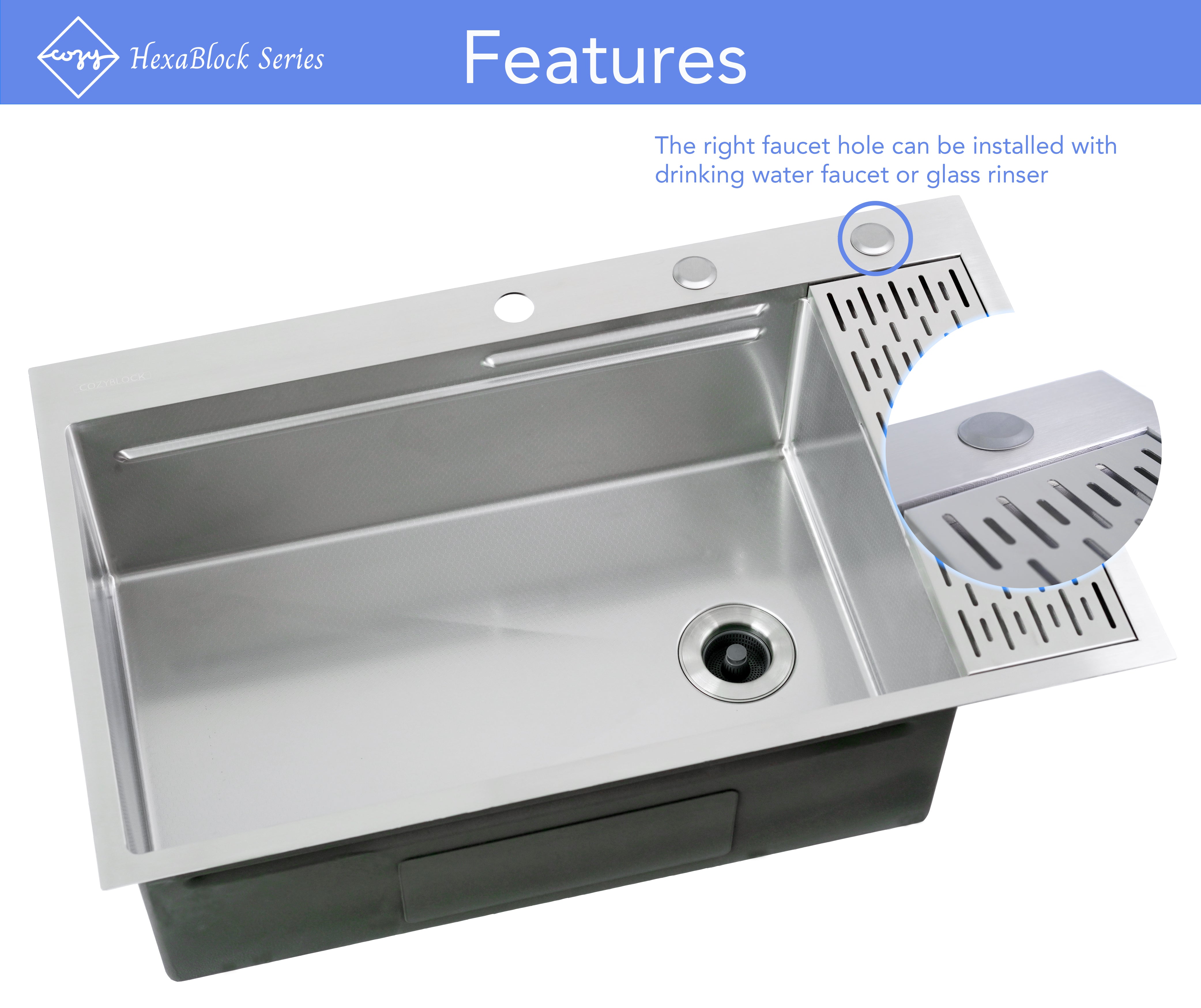 CozyBlock EmboPress Series Topmount Workstation Kitchen Sink - Premium 16 Gauge Stainless Steel with Integrated Drainboard, Dual-Tier Ledges, and Honeycomb Embossing, Complete Package w/ Cutting Board, Dish Rack, Strainer