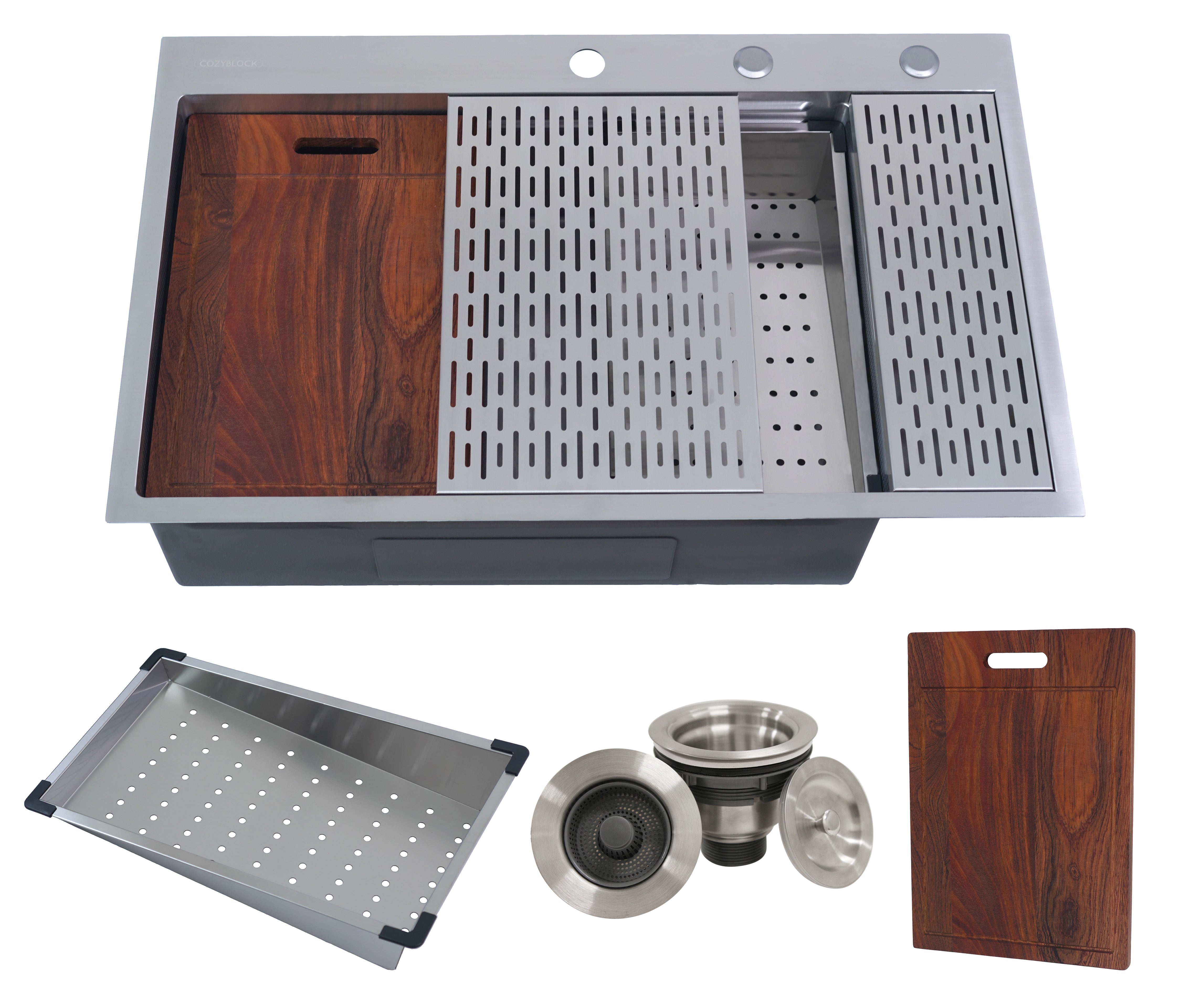 CozyBlock EmboPress Series Topmount Workstation Kitchen Sink - Premium 16 Gauge Stainless Steel with Integrated Drainboard, Dual-Tier Ledges, and Honeycomb Embossing, Complete Package w/ Cutting Board, Dish Rack, Strainer