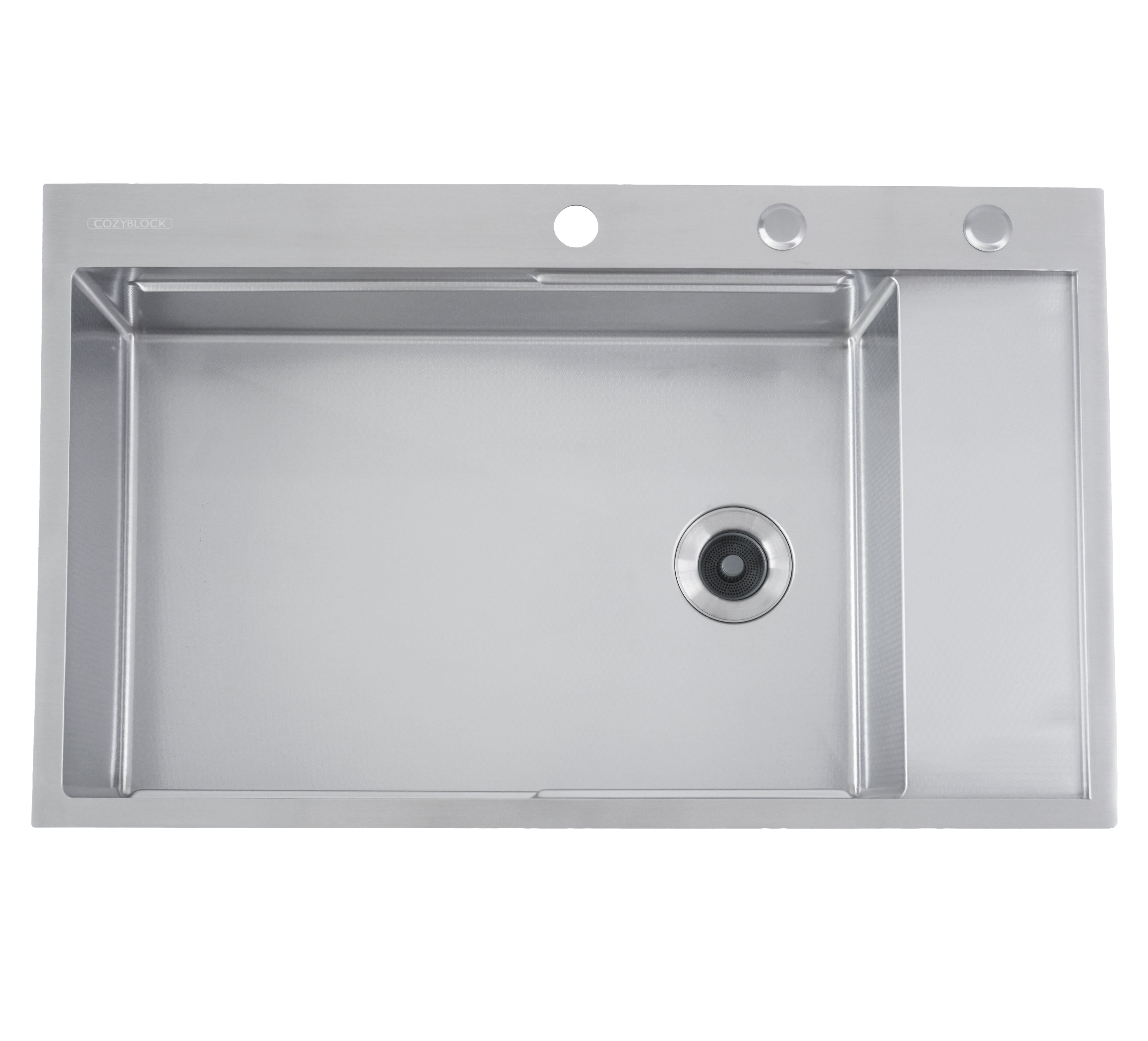 CozyBlock EmboPress Series Topmount Workstation Kitchen Sink - Premium 16 Gauge Stainless Steel with Integrated Drainboard, Dual-Tier Ledges, and Honeycomb Embossing, Complete Package w/ Cutting Board, Dish Rack, Strainer