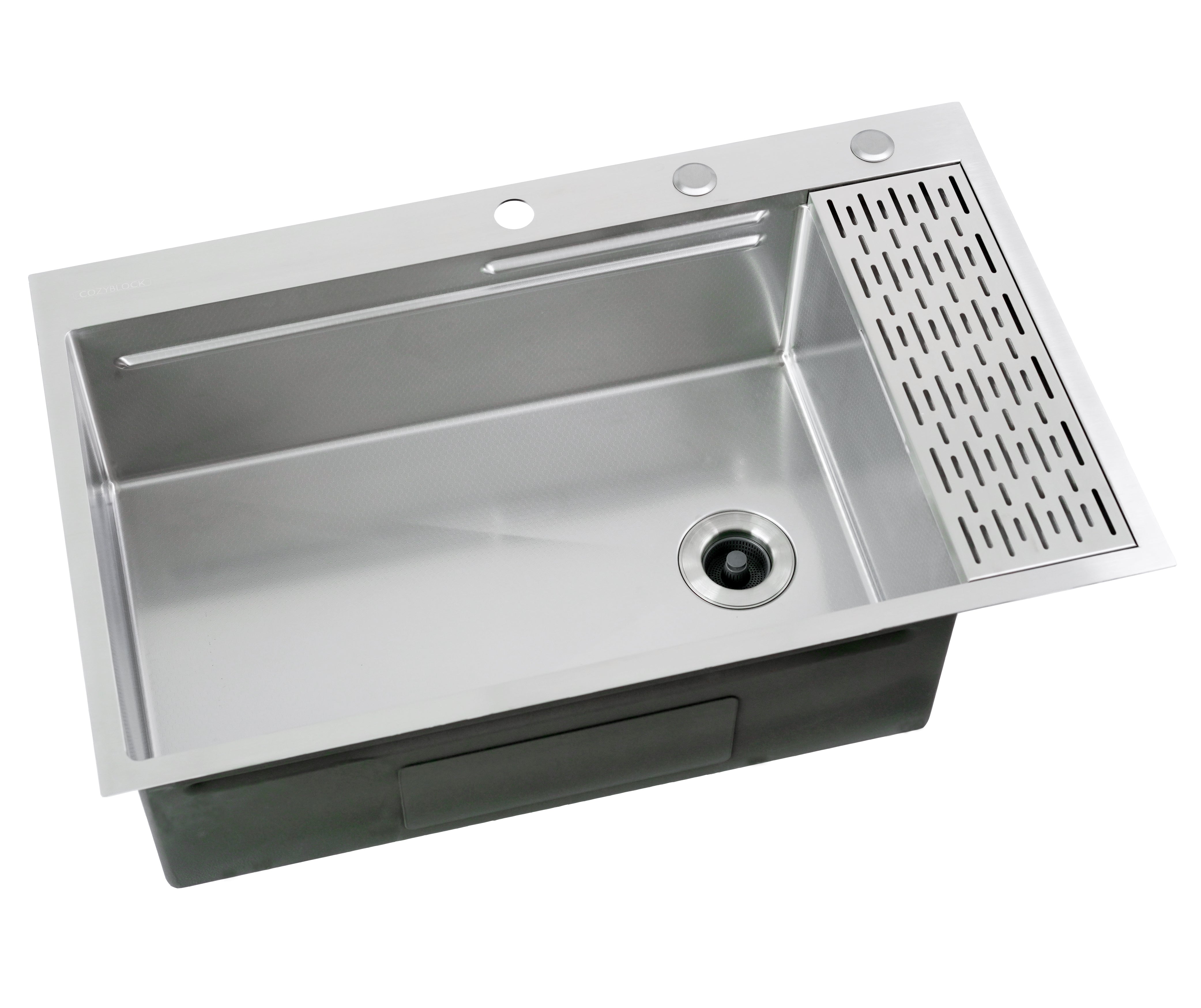 CozyBlock EmboPress Series Topmount Workstation Kitchen Sink - Premium 16 Gauge Stainless Steel with Integrated Drainboard, Dual-Tier Ledges, and Honeycomb Embossing, Complete Package w/ Cutting Board, Dish Rack, Strainer