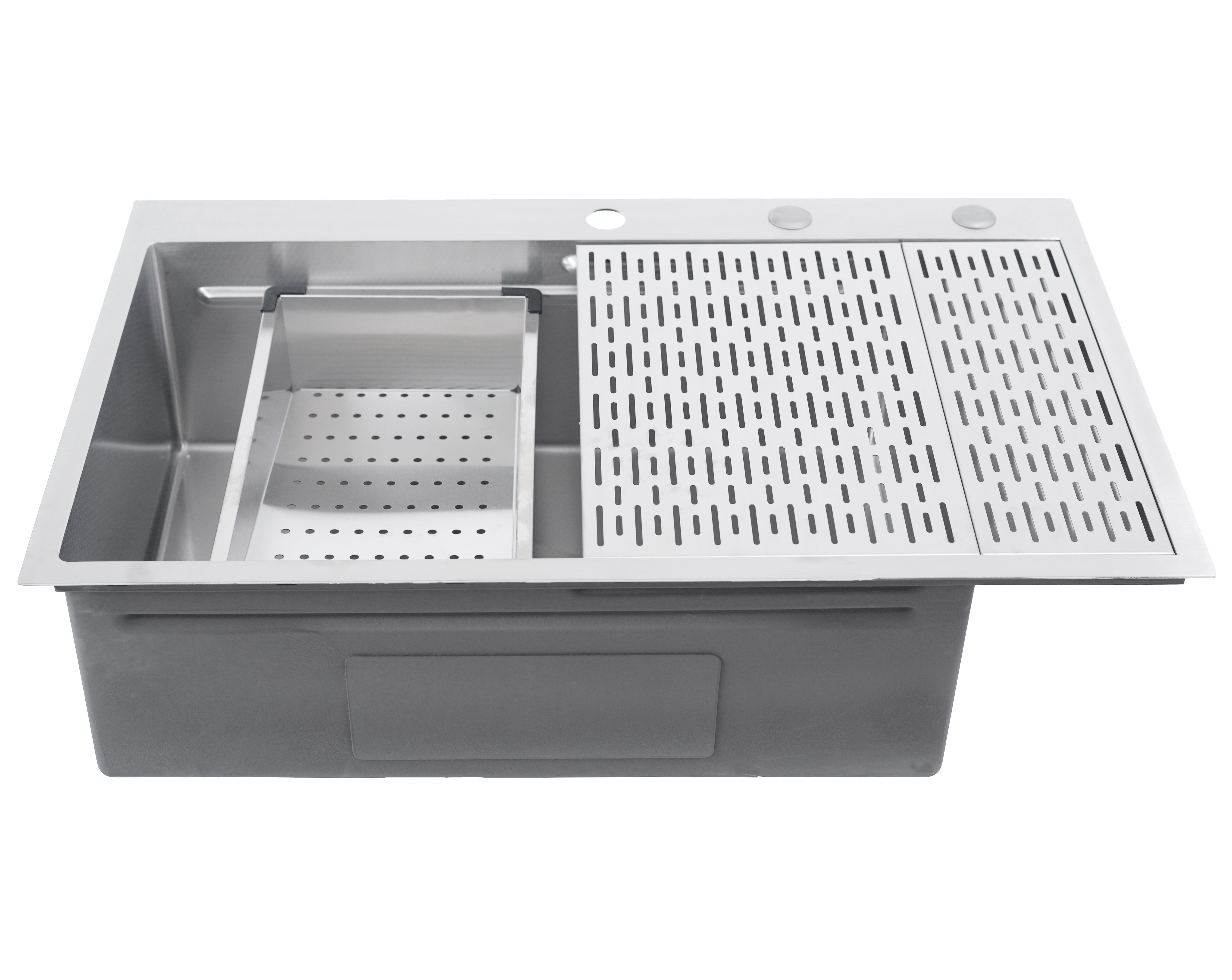 CozyBlock EmboPress Series Topmount Workstation Kitchen Sink - Premium 16 Gauge Stainless Steel with Integrated Drainboard, Dual-Tier Ledges, and Honeycomb Embossing, Complete Package w/ Cutting Board, Dish Rack, Strainer