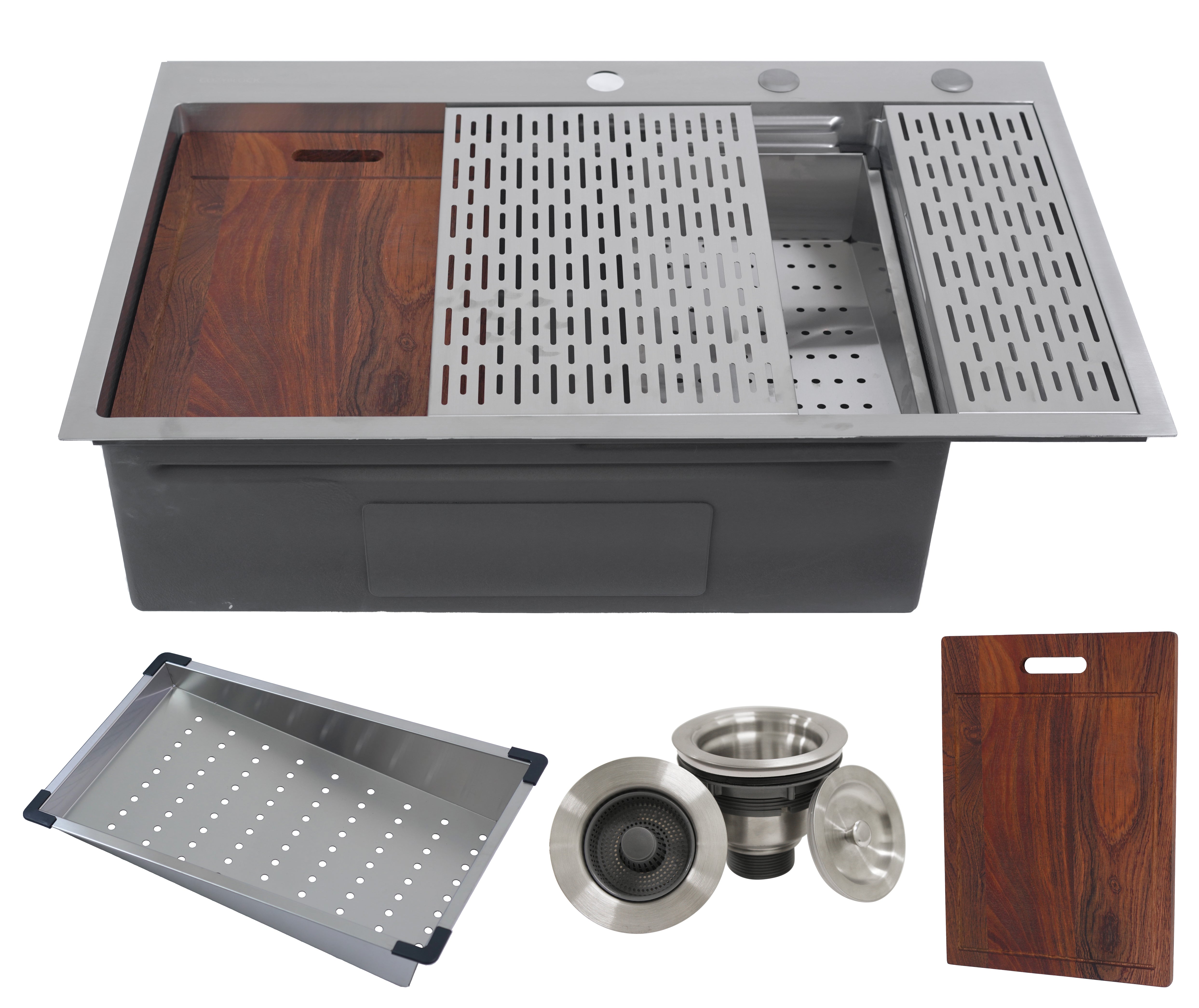 CozyBlock EmboPress Series Topmount Workstation Kitchen Sink - Premium 16 Gauge Stainless Steel with Integrated Drainboard, Dual-Tier Ledges, and Honeycomb Embossing, Complete Package w/ Cutting Board, Dish Rack, Strainer