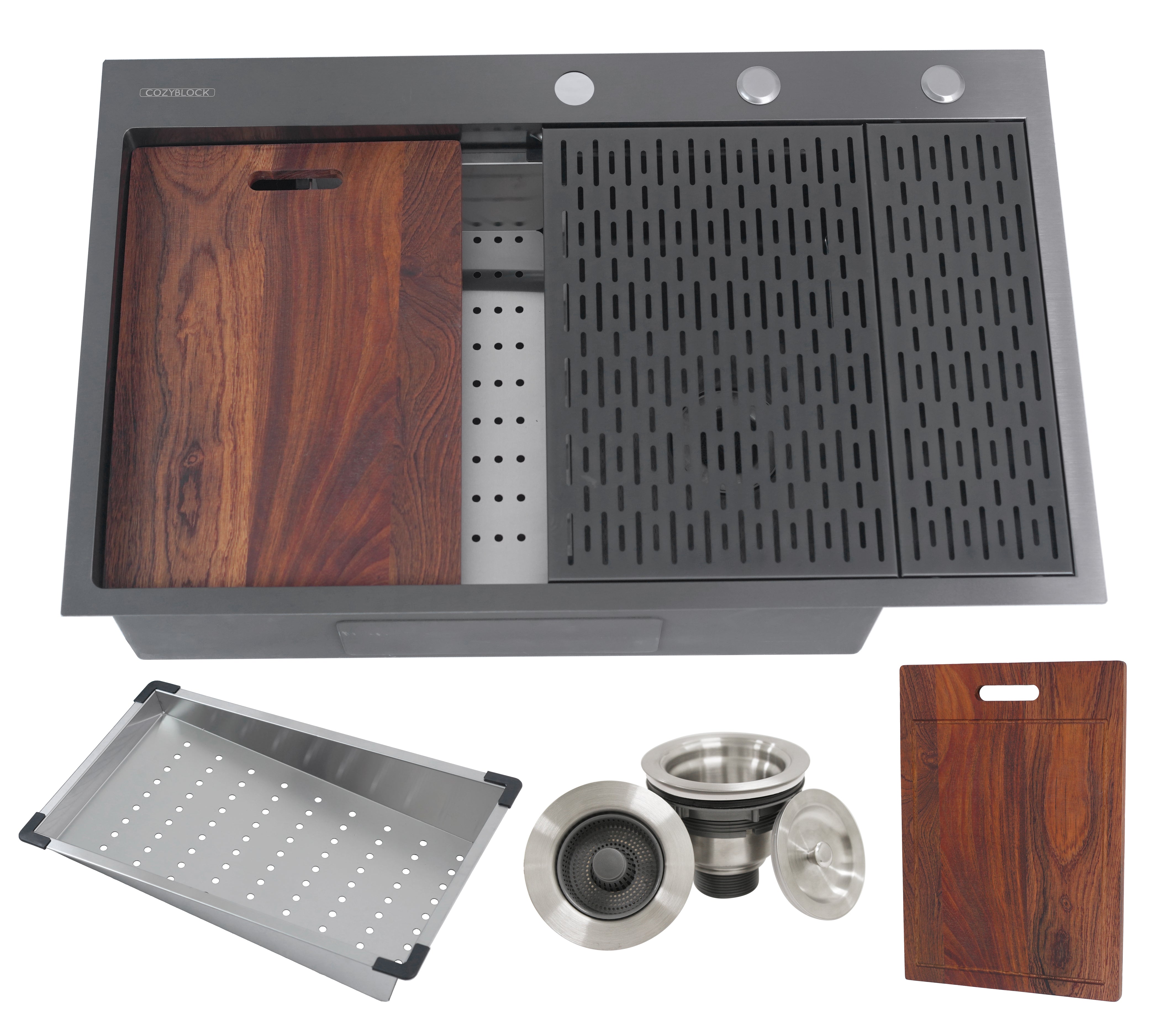 CozyBlock EmboPress Series Topmount Workstation Kitchen Sink - Premium 16 Gauge Black Stainless Steel with Integrated Drainboard, Dual-Tier Ledges, and Honeycomb Embossing, Complete Package w/ Cutting Board, Dish Rack, Strainer