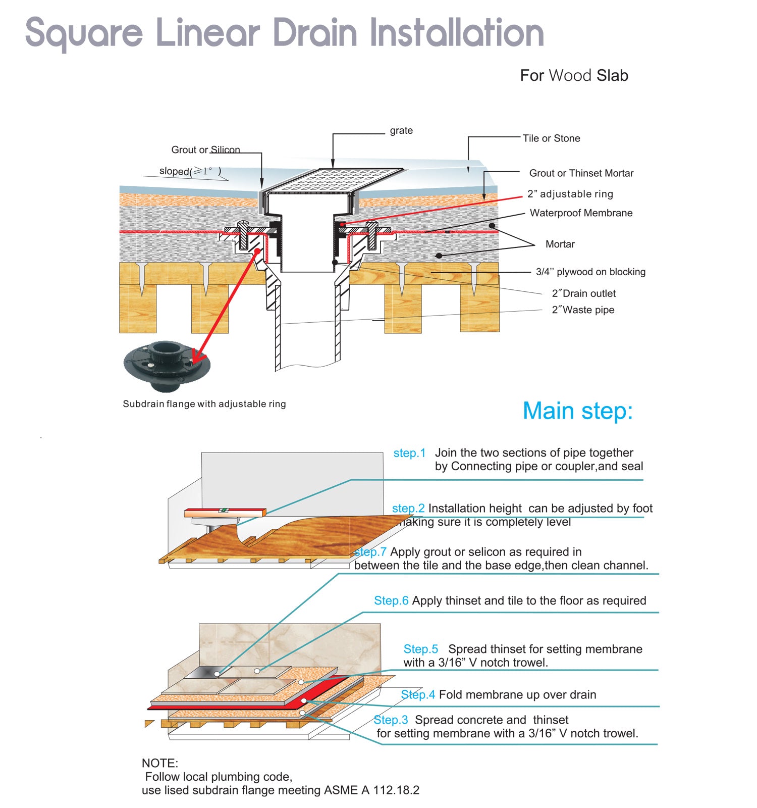 Bathroom Shower Square Drain 2-sided Reversible Tile Insert Grate Brushed 304 Stainless Steel with Threaded Adaptor