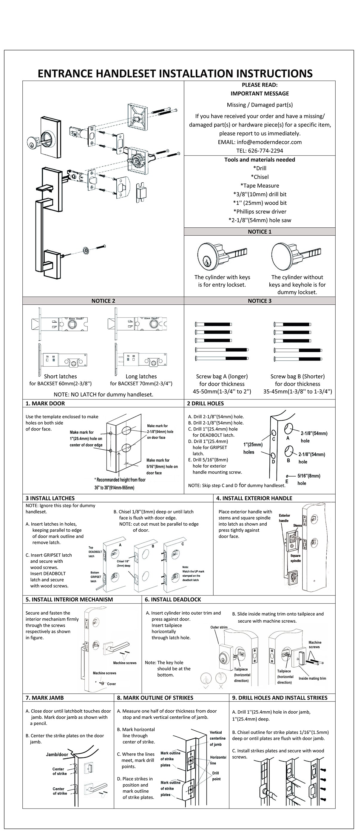 CozyBlock Double Door Handle Sets with Single Cylinder Deadbolt, Rectangular Adjustable Entry Door Lock Sets with Dummy