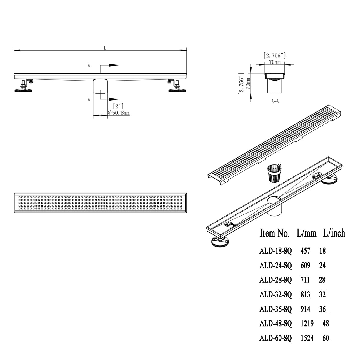 Bathroom Shower Linear Drain Square Checker Pattern Grate Brushed 304 Stainless Steel with Threaded Adaptor and Adjustable Leveling Feet