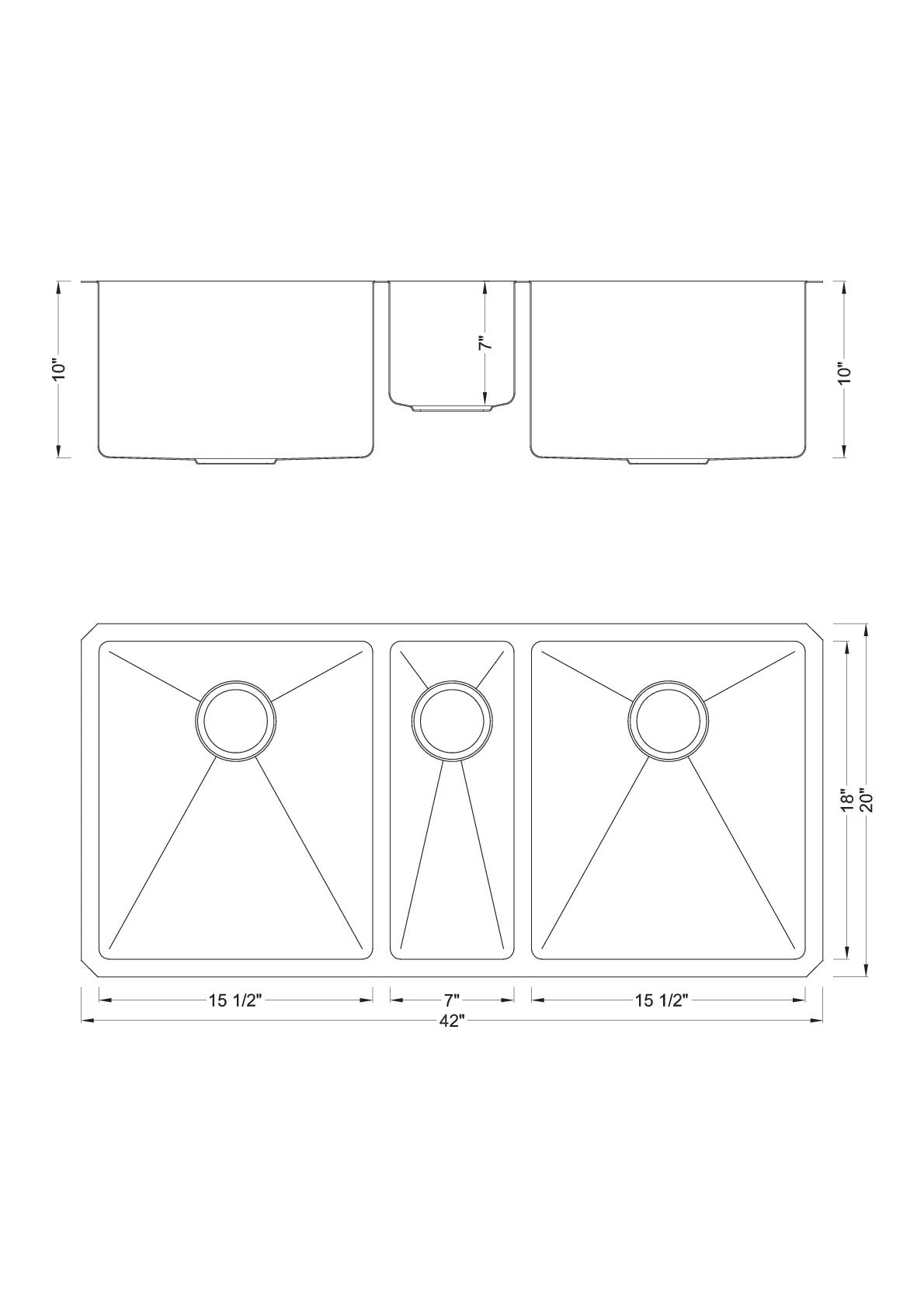 42 in. Undermount 16 Gauge Stainless Steel Triple Bowl Kitchen Sink with 15mm Radius Corner Design
