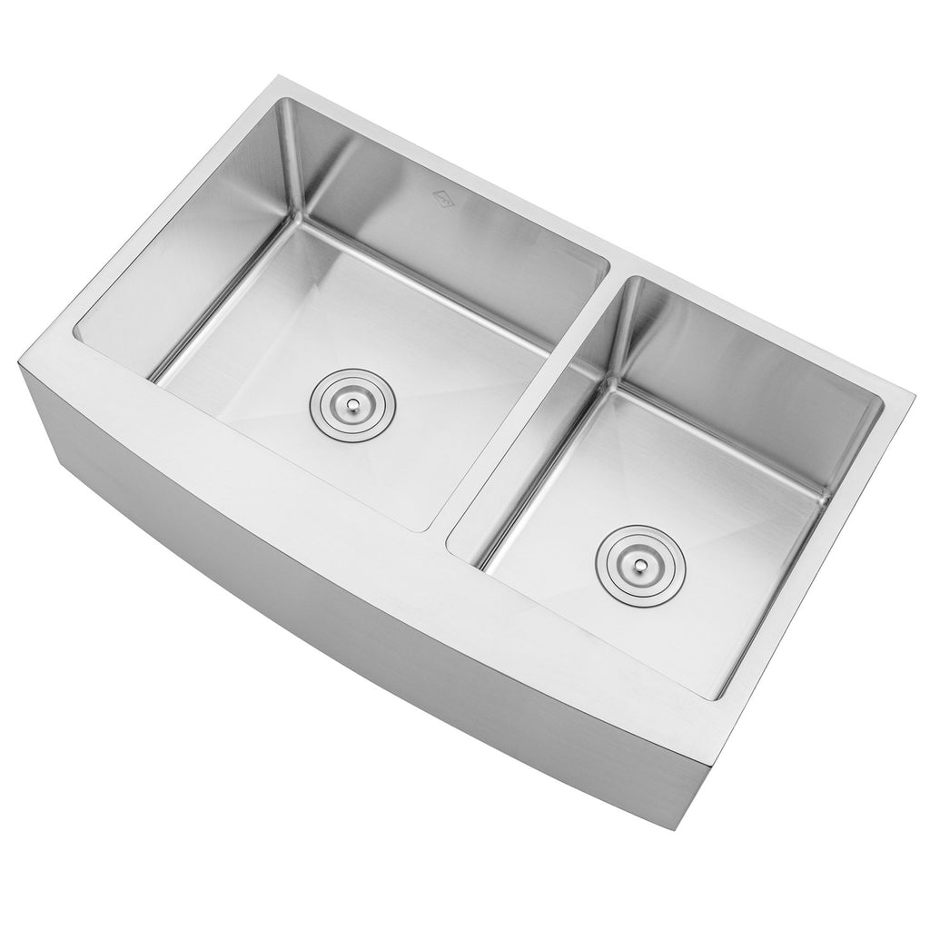 Farmhouse Apron Curve Front 16 Gauge Stainless Steel Double Bowl 60/40 Offset Kitchen Sink with 15mm Radius Corner Design