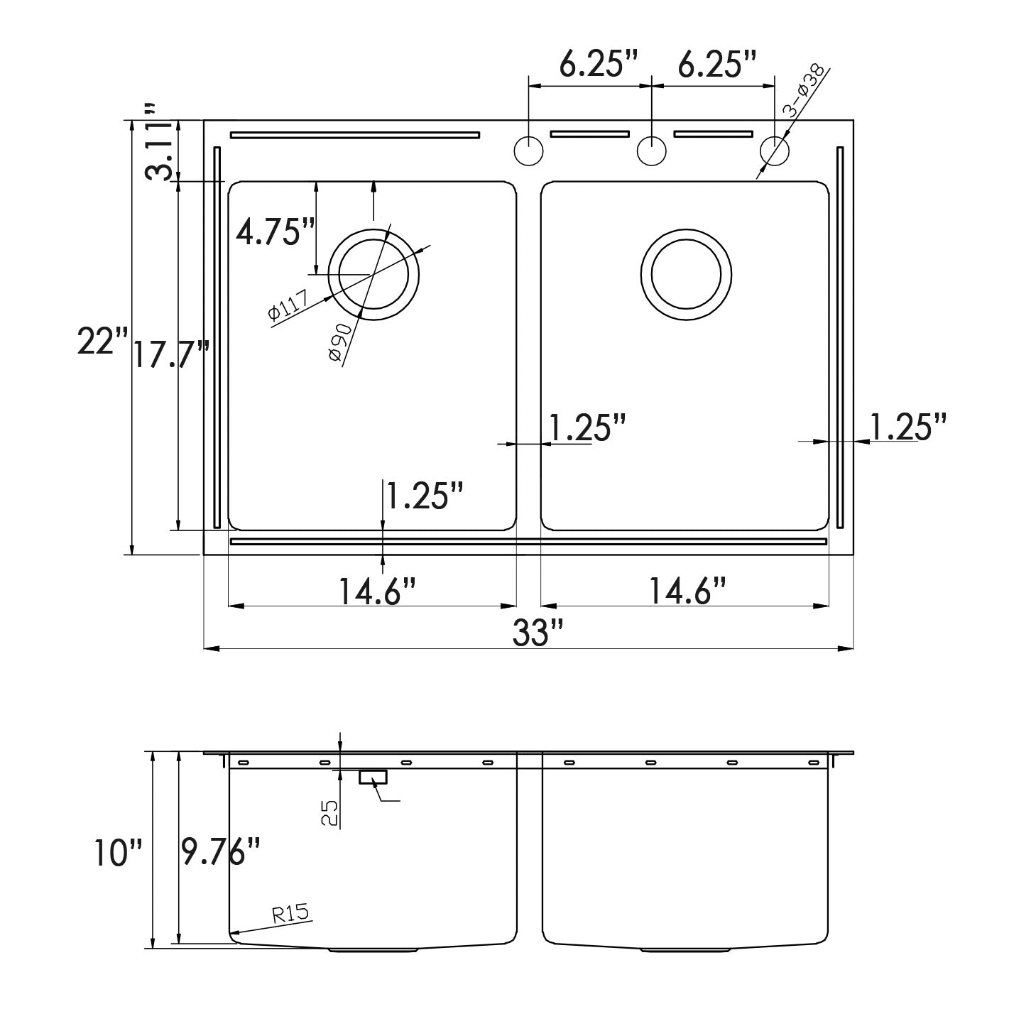 Drop-In / Topmount 16 Gauge Stainless Steel Double Bowl Kitchen Sink with 15mm Radius Corner Design