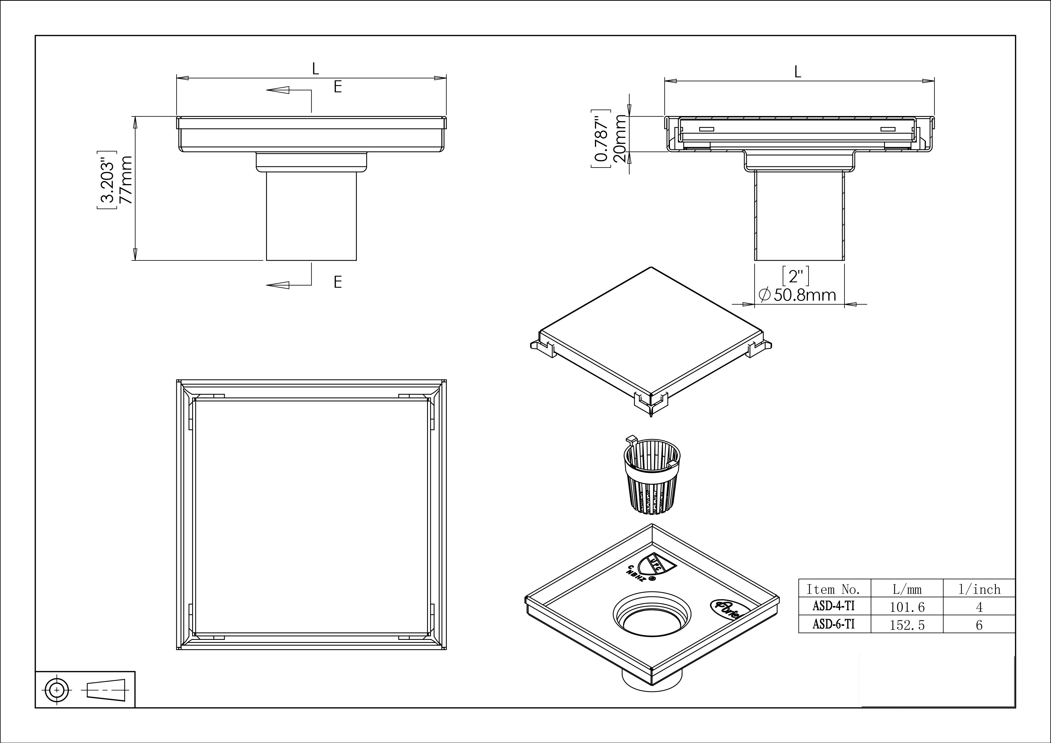Bathroom Shower Square Drain 2-sided Reversible Tile Insert Grate Brushed 304 Stainless Steel with Threaded Adaptor