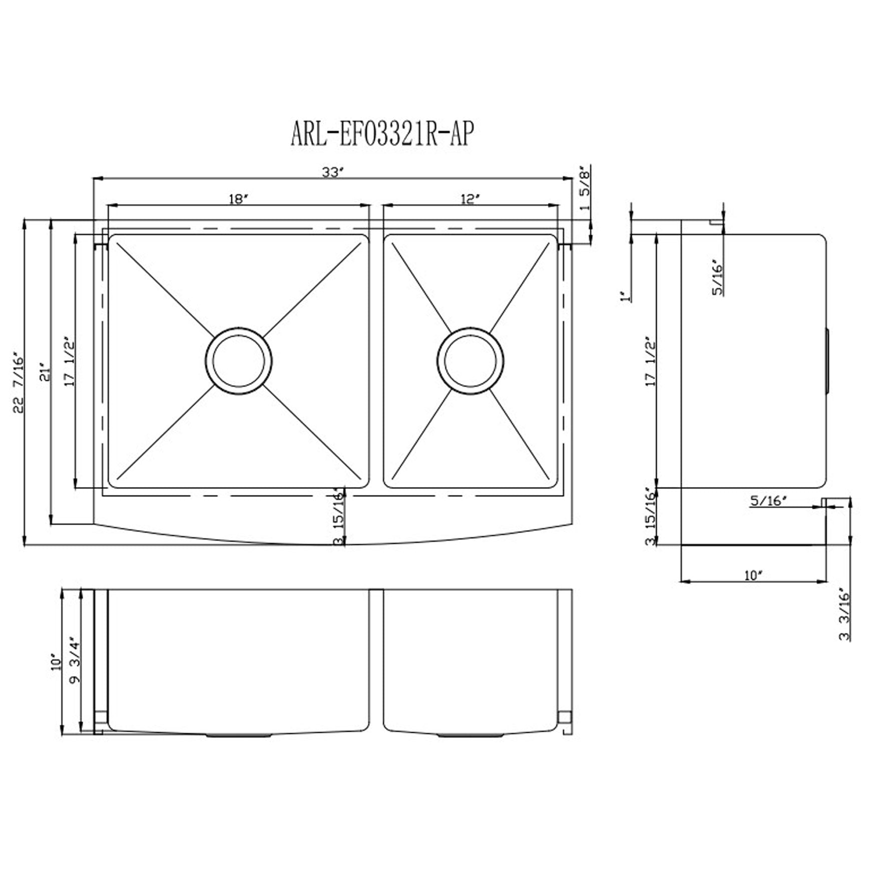 Farmhouse Apron Curve Front 16 Gauge Stainless Steel Double Bowl 60/40 Offset Kitchen Sink with 15mm Radius Corner Design