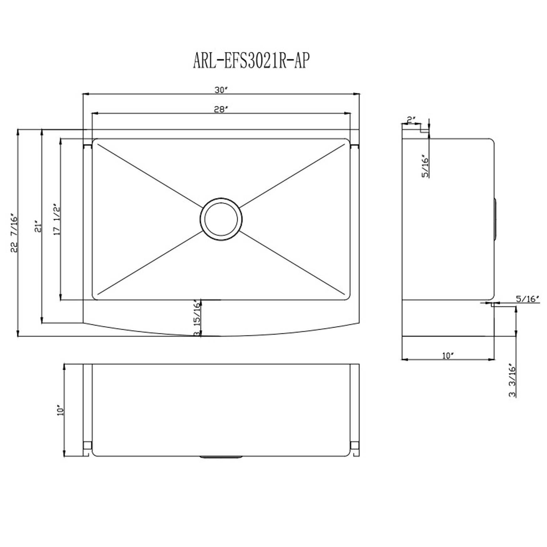 Farmhouse Apron Curve Front 16 Gauge Stainless Steel Single Bowl Kitchen Sink with 15mm Radius Corner Design