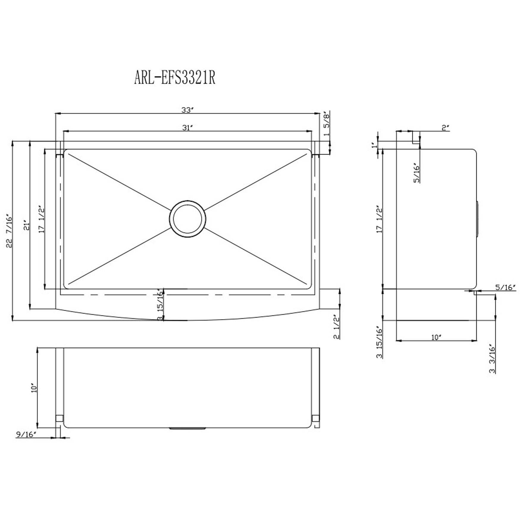 Farmhouse Apron Curve Front 16 Gauge Stainless Steel Single Bowl Kitchen Sink with 15mm Radius Corner Design