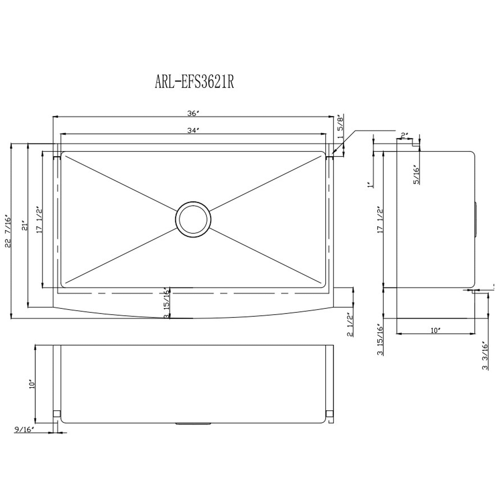 Farmhouse Apron Curve Front 16 Gauge Stainless Steel Single Bowl Kitchen Sink with 15mm Radius Corner Design