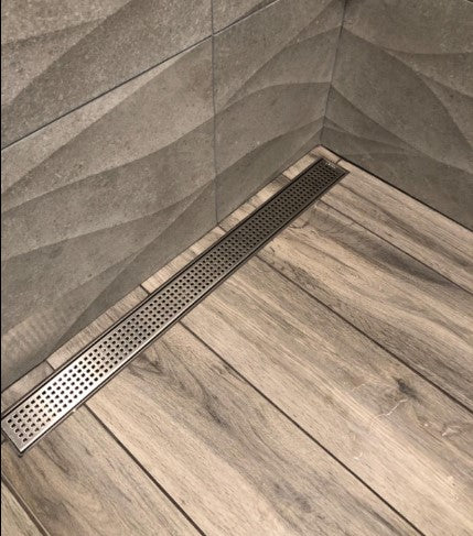 Bathroom Shower Linear Drain Square Checker Pattern Grate Brushed 304 Stainless Steel with Threaded Adaptor and Adjustable Leveling Feet