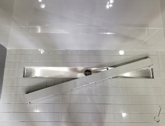 Bathroom Shower Linear Drain 2-sided Reversible Tile Insert Grate Brushed 304 Stainless Steel with Threaded Adaptor and Adjustable Leveling Feet