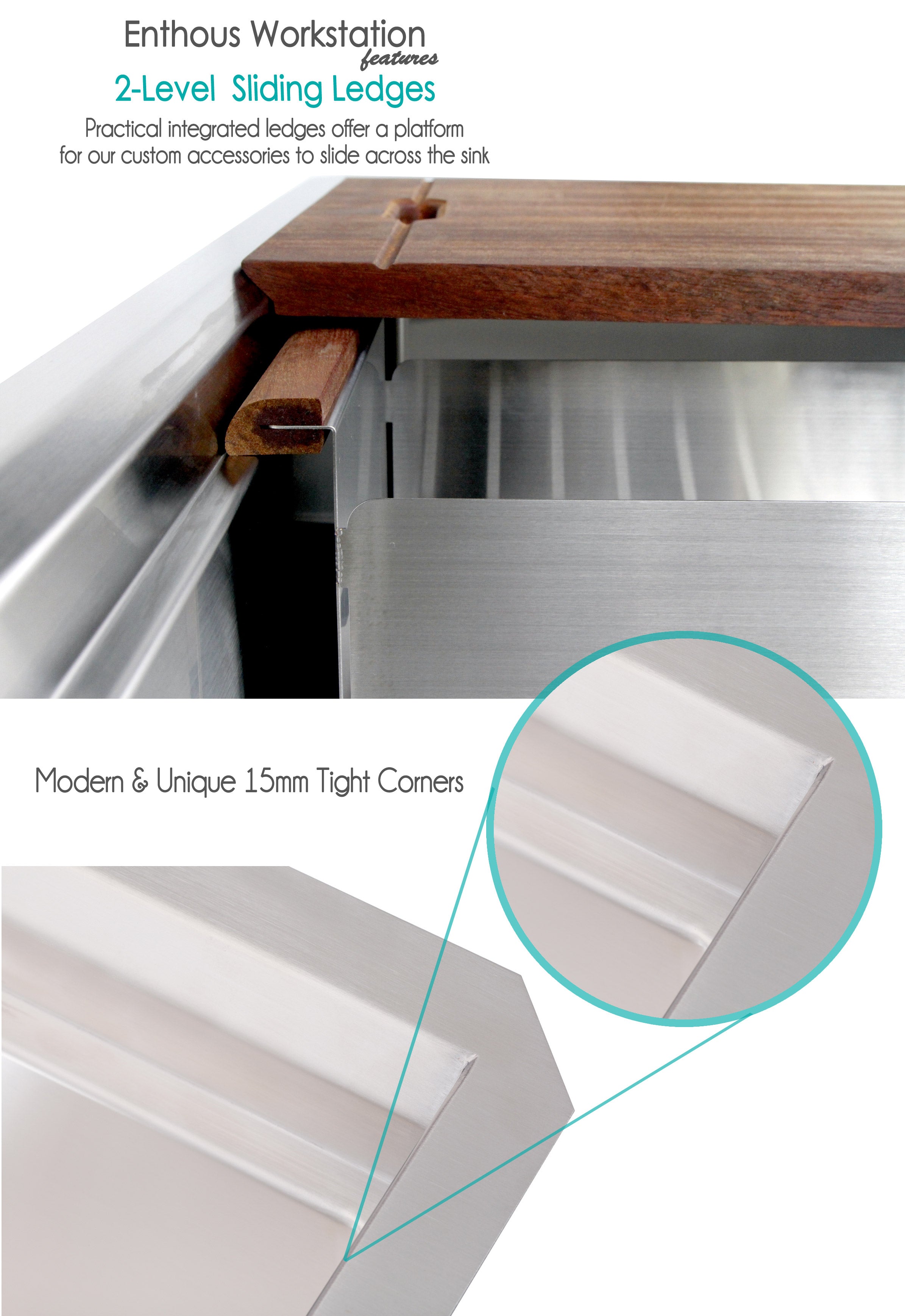 Workstation Undermount 16 Gauge Stainless Steel Single Bowl Kitchen Sink w/ Integrated Ledge, 15mm Tight Radius with Premium Accessories