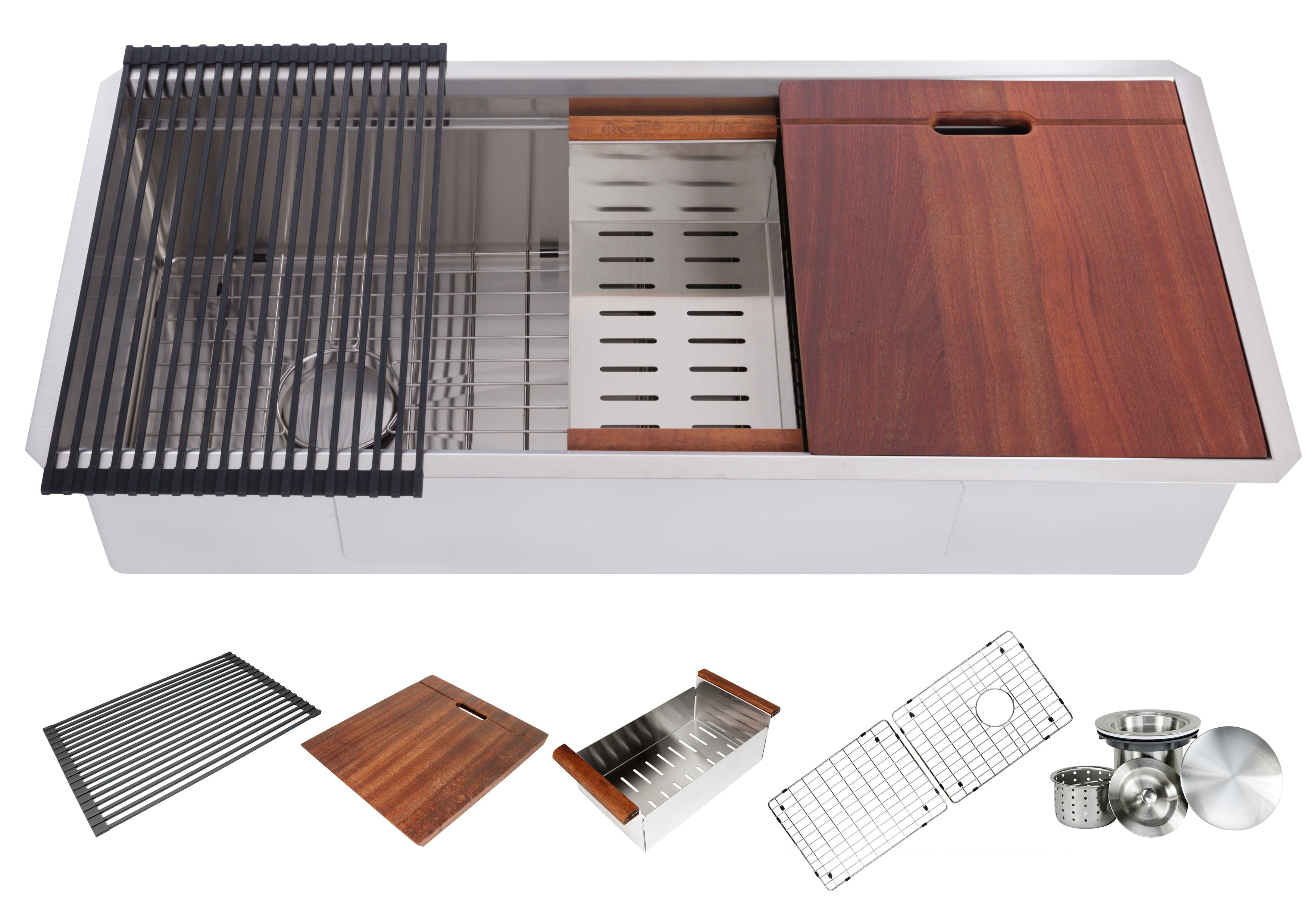 Workstation Undermount 16 Gauge Stainless Steel Single Bowl Kitchen Sink w/ Integrated Ledge, 15mm Tight Radius with Premium Accessories