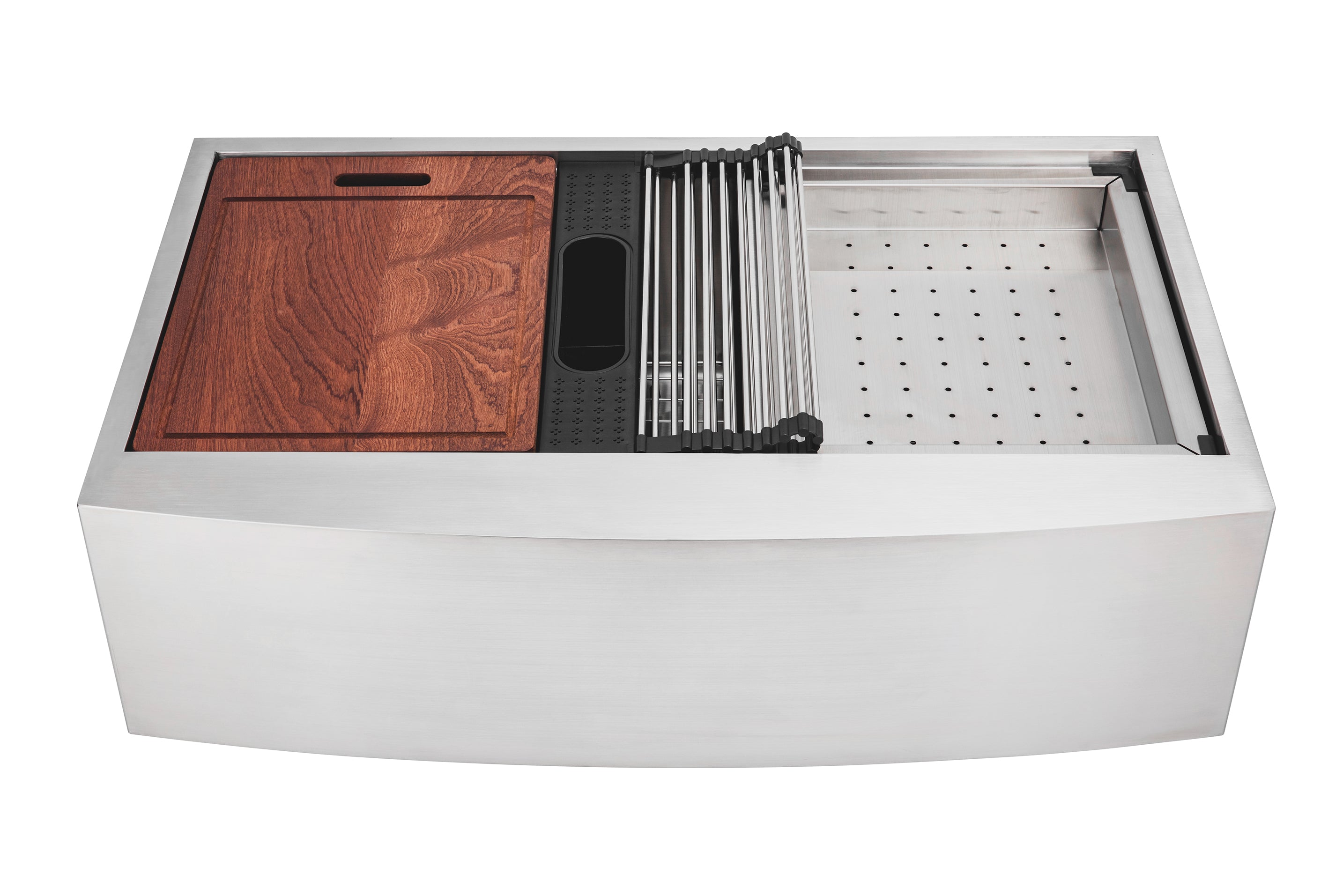 Enthous Workstation Farmhouse Apron 16 Gauge Double Bowl Stainless Steel Kitchen Sink w/ Integrated Ledge, 15mm Tight Radius, Premium Accessories – Dish Rack, Colander, Cutting-board, Grid