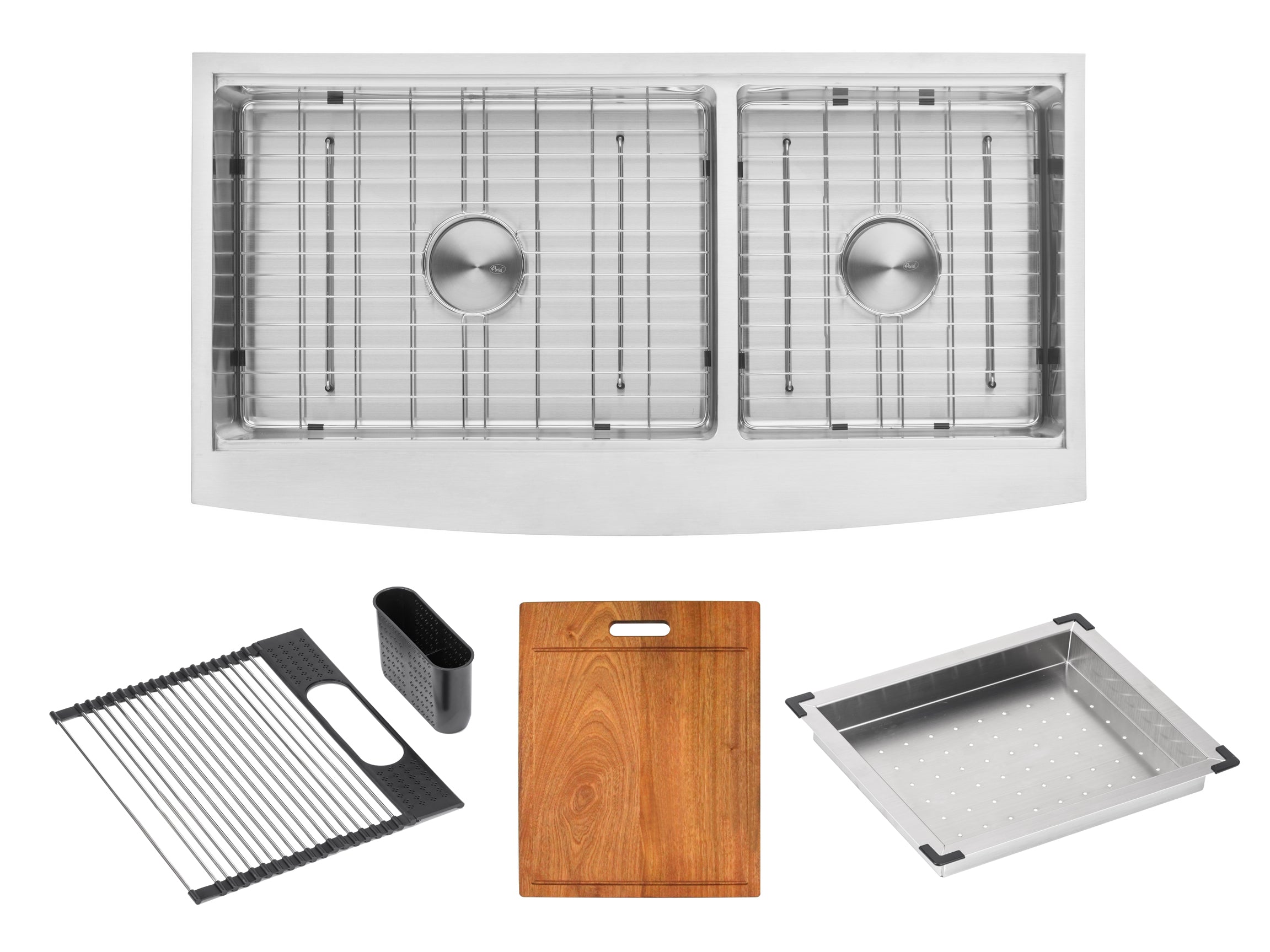 Enthous Workstation Farmhouse Apron 16 Gauge Double Bowl Stainless Steel Kitchen Sink w/ Integrated Ledge, 15mm Tight Radius, Premium Accessories – Dish Rack, Colander, Cutting-board, Grid