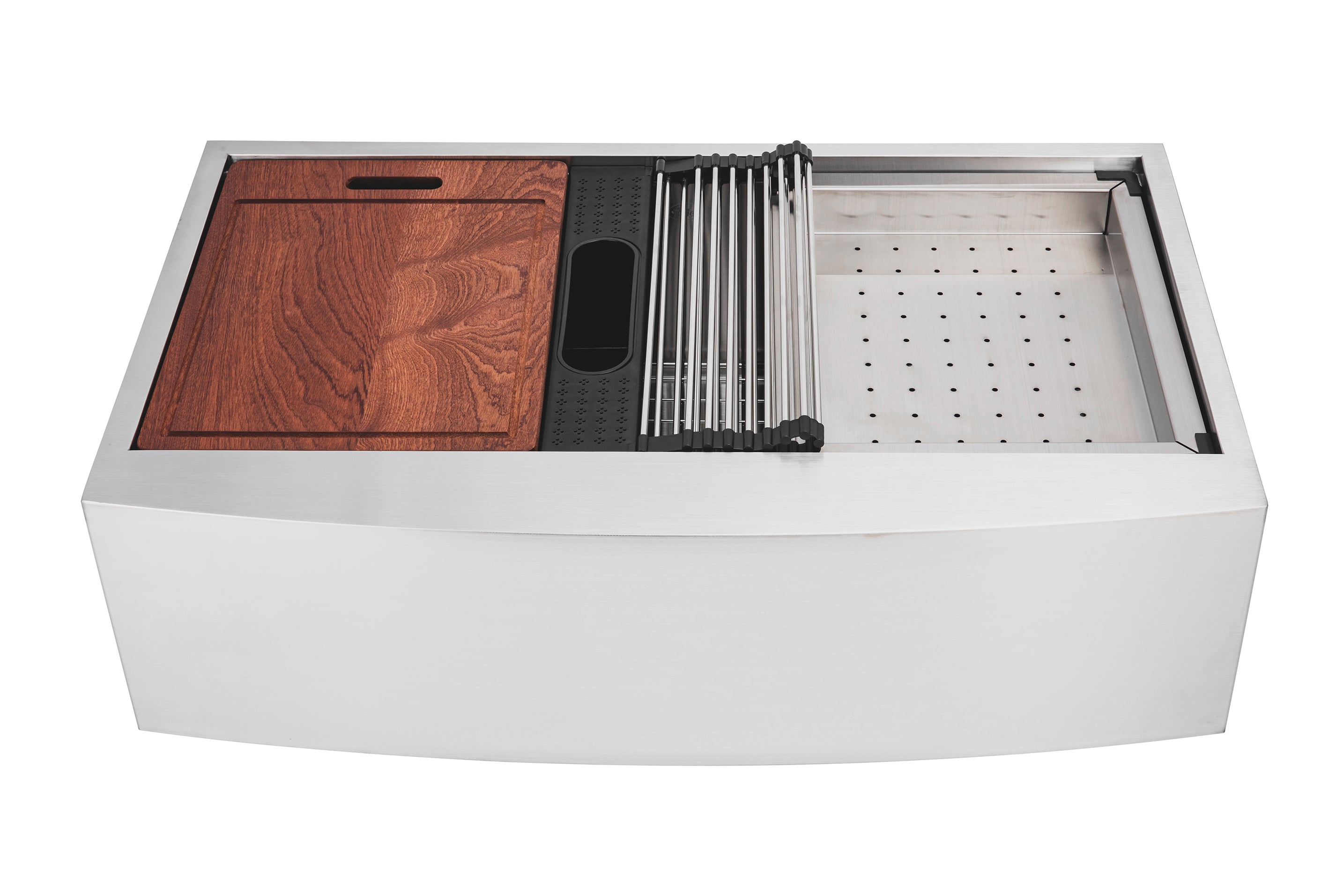 Enthous Workstation Farmhouse Apron 16 Gauge Double Bowl Stainless Steel Kitchen Sink w/ Integrated Ledge, 15mm Tight Radius, Premium Accessories – Dish Rack, Colander, Cutting-board, Grid