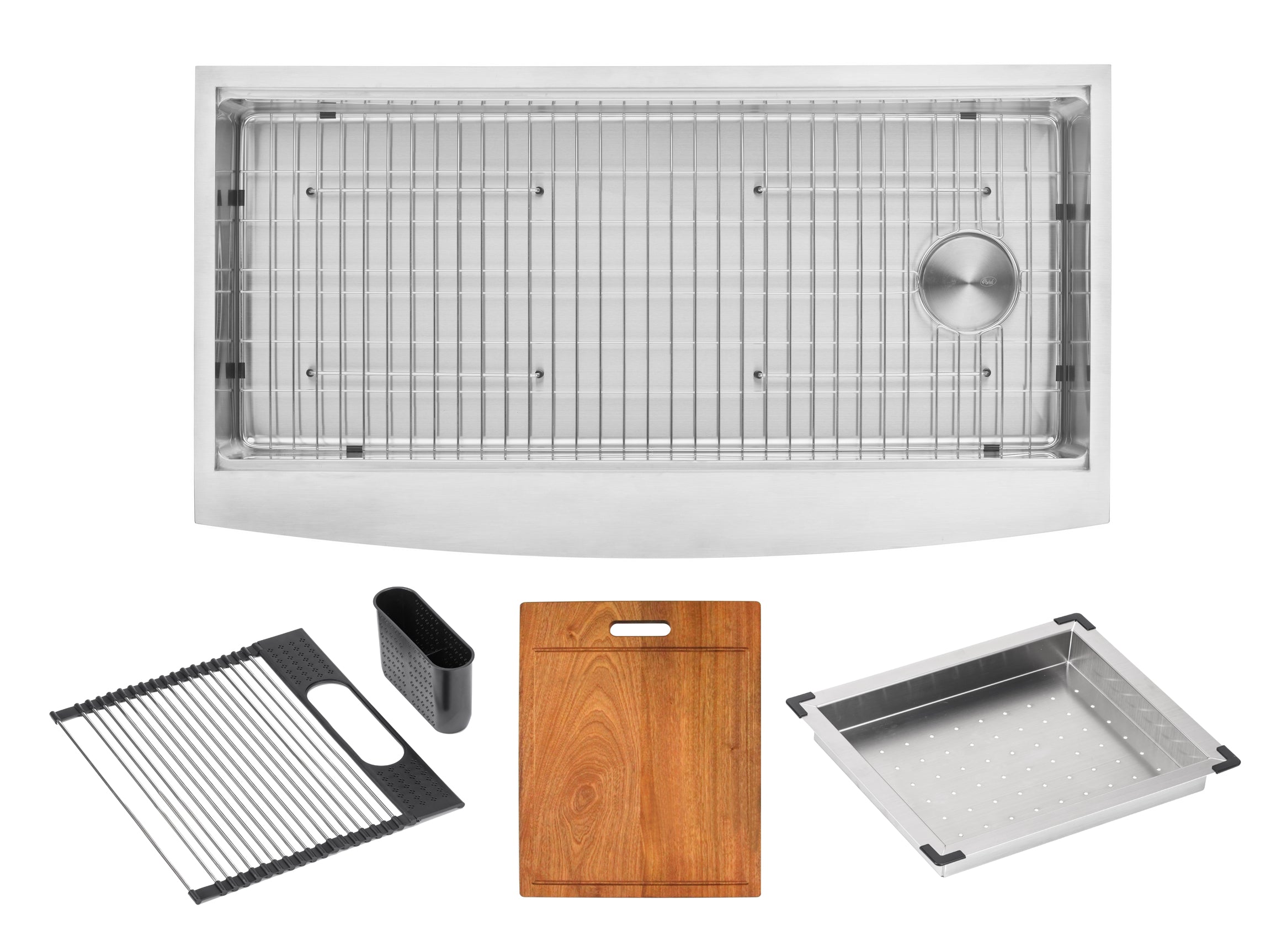 Workstation Farmhouse Apron Curve Front 16 Gauge  Stainless Steel Single Bowl Kitchen Sink w/ Integrated Ledge, 15mm Tight Radius w/ Premium Accessories