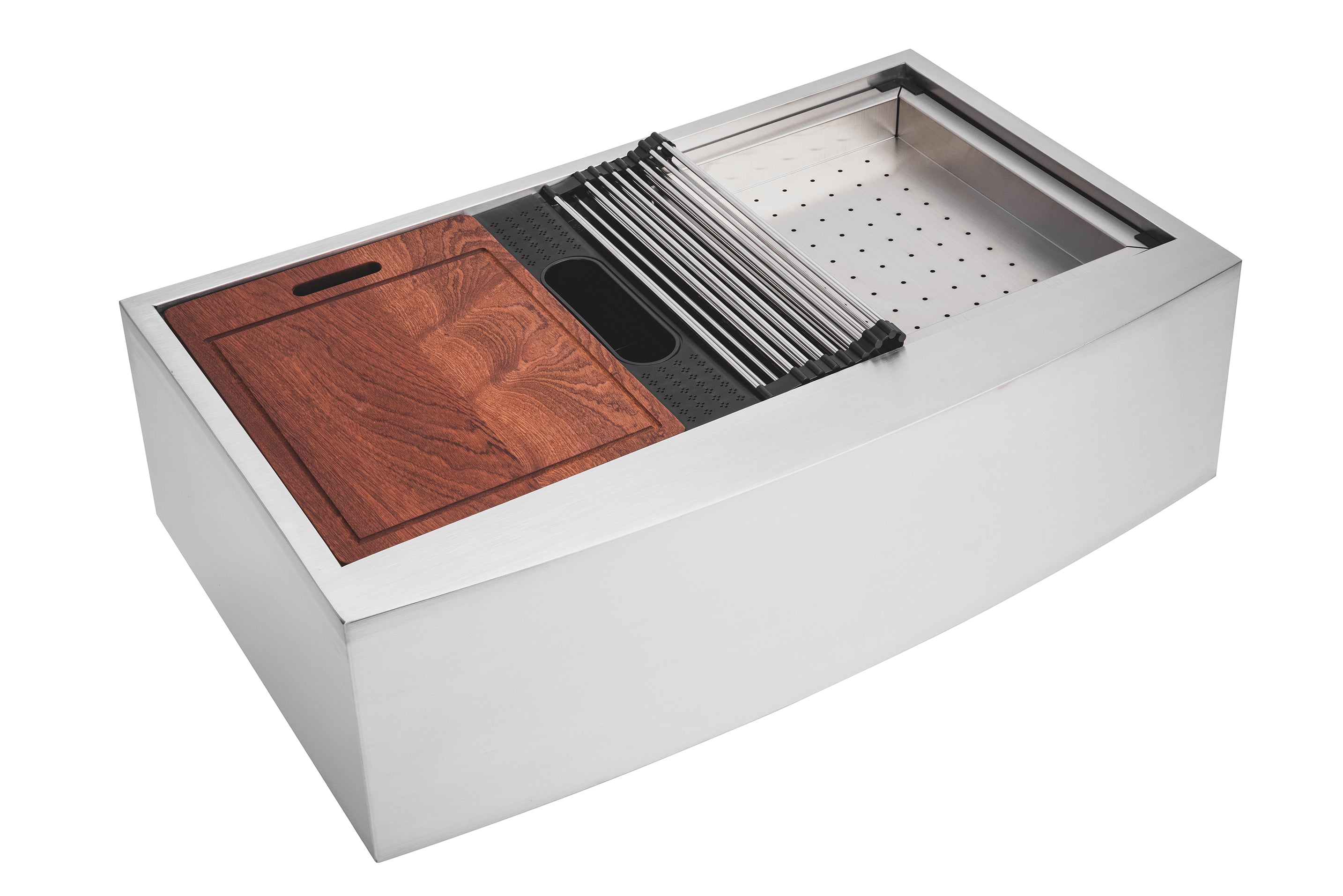 Workstation Farmhouse Apron Curve Front 16 Gauge  Stainless Steel Single Bowl Kitchen Sink w/ Integrated Ledge, 15mm Tight Radius w/ Premium Accessories