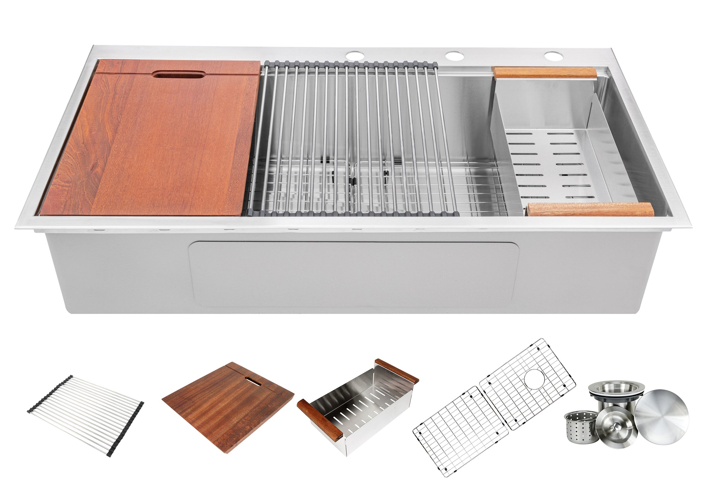 Workstation Topmount / Drop-in 16 Gauge Stainless Steel Single Bowl Kitchen Sink w/ Integrated Ledge, 15mm Tight Radius with Premium Accessories