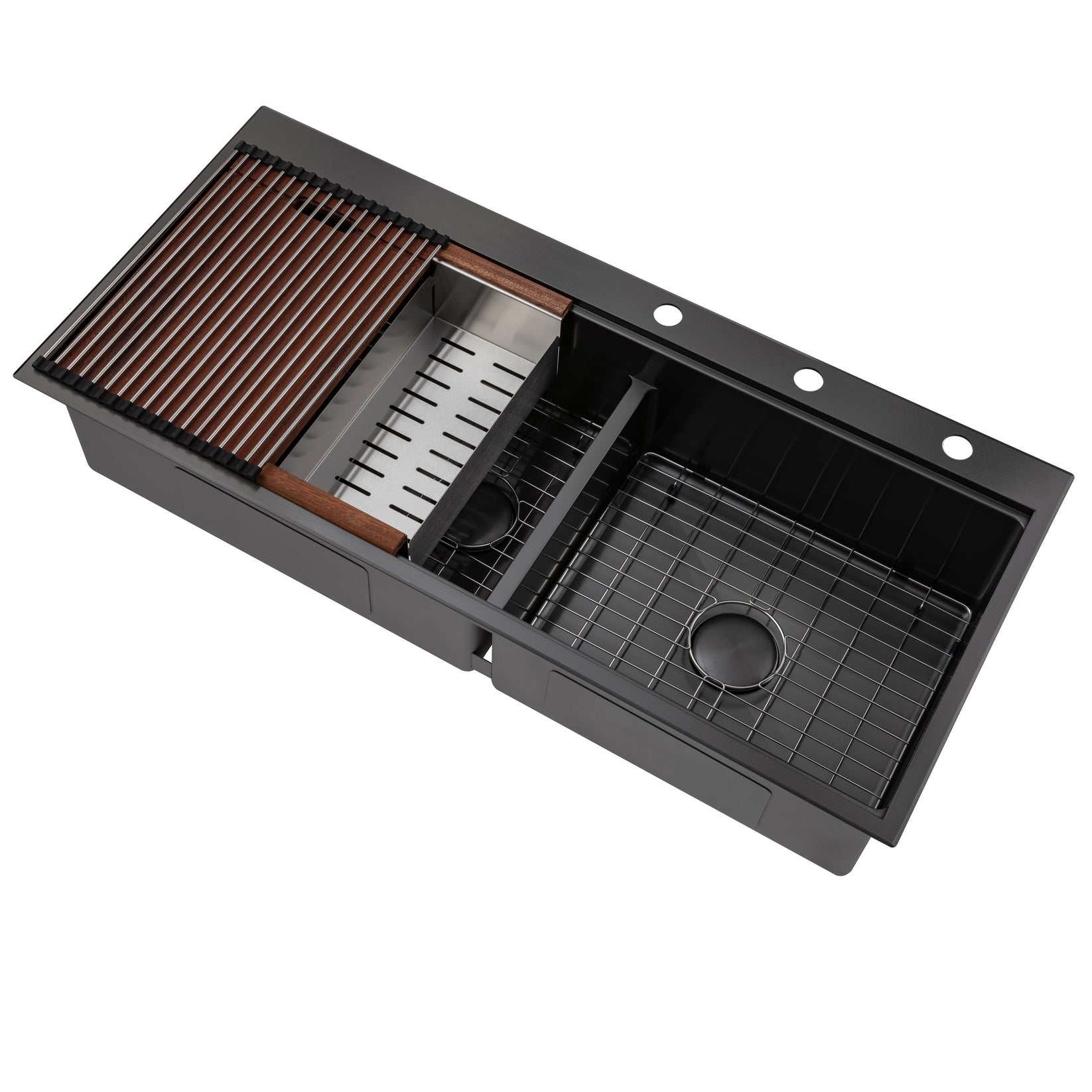 48 in. Workstation Topmount / Drop-in Nano Black 16 Gauge Stainless Steel Double Bowl Kitchen Sink Integrated Ledge Tight Radius w/ Premium Accessories
