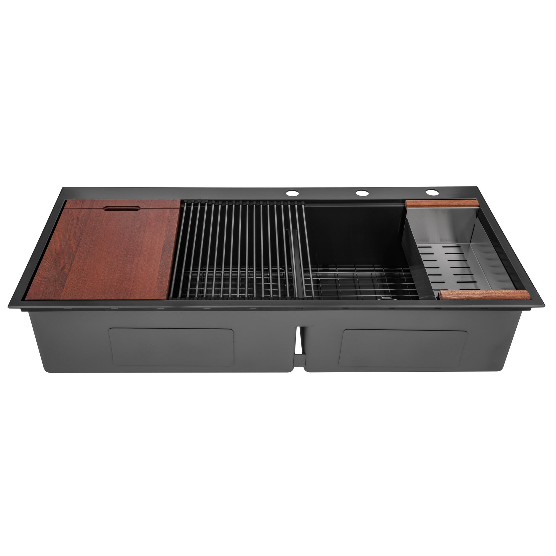 48 in. Workstation Topmount / Drop-in Nano Black 16 Gauge Stainless Steel Double Bowl Kitchen Sink Integrated Ledge Tight Radius w/ Premium Accessories