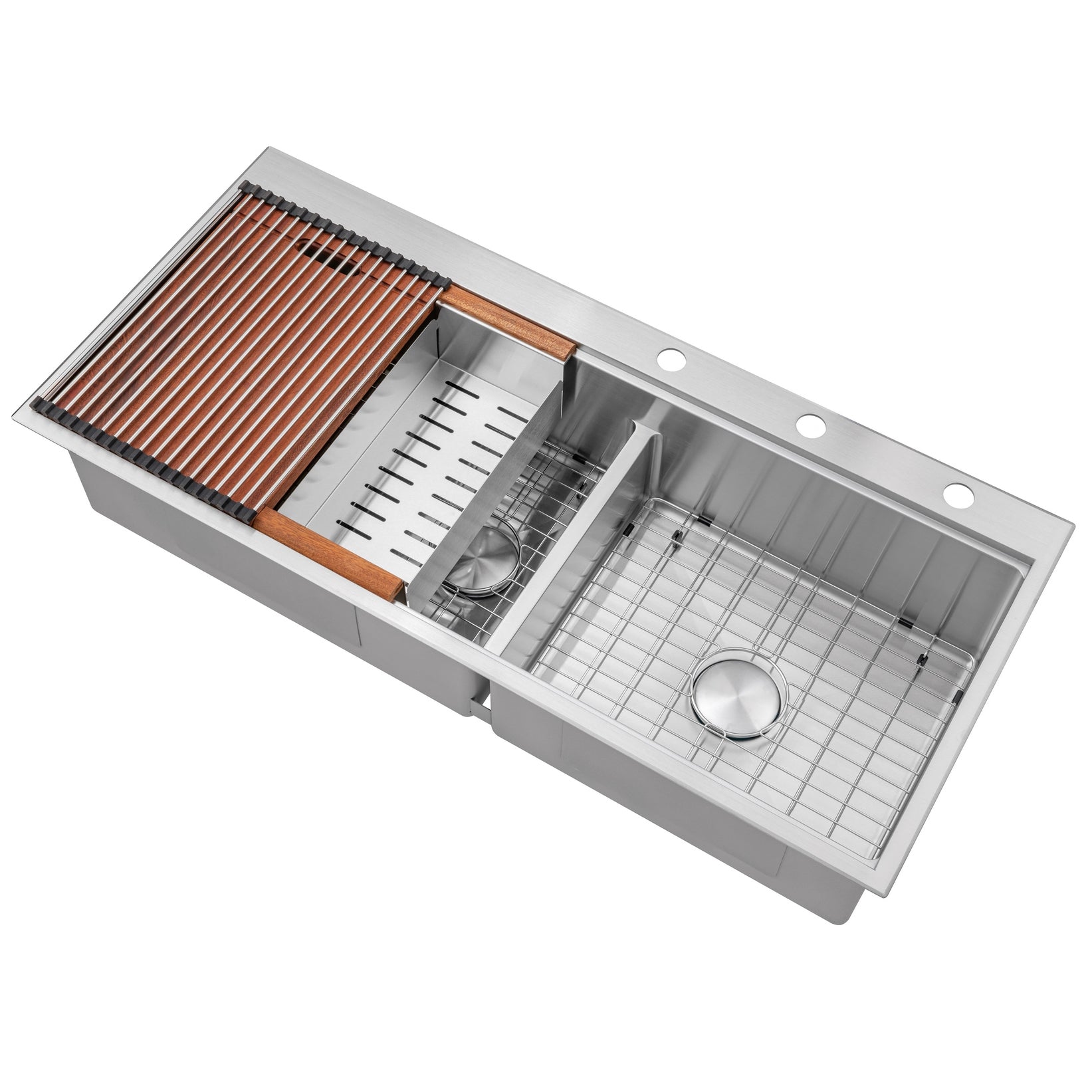 48 in. Workstation Topmount / Drop-in 16 Gauge Stainless Steel Double Bowl Kitchen Sink w/ Integrated Ledge, 15mm Tight Radius with Premium Accessories