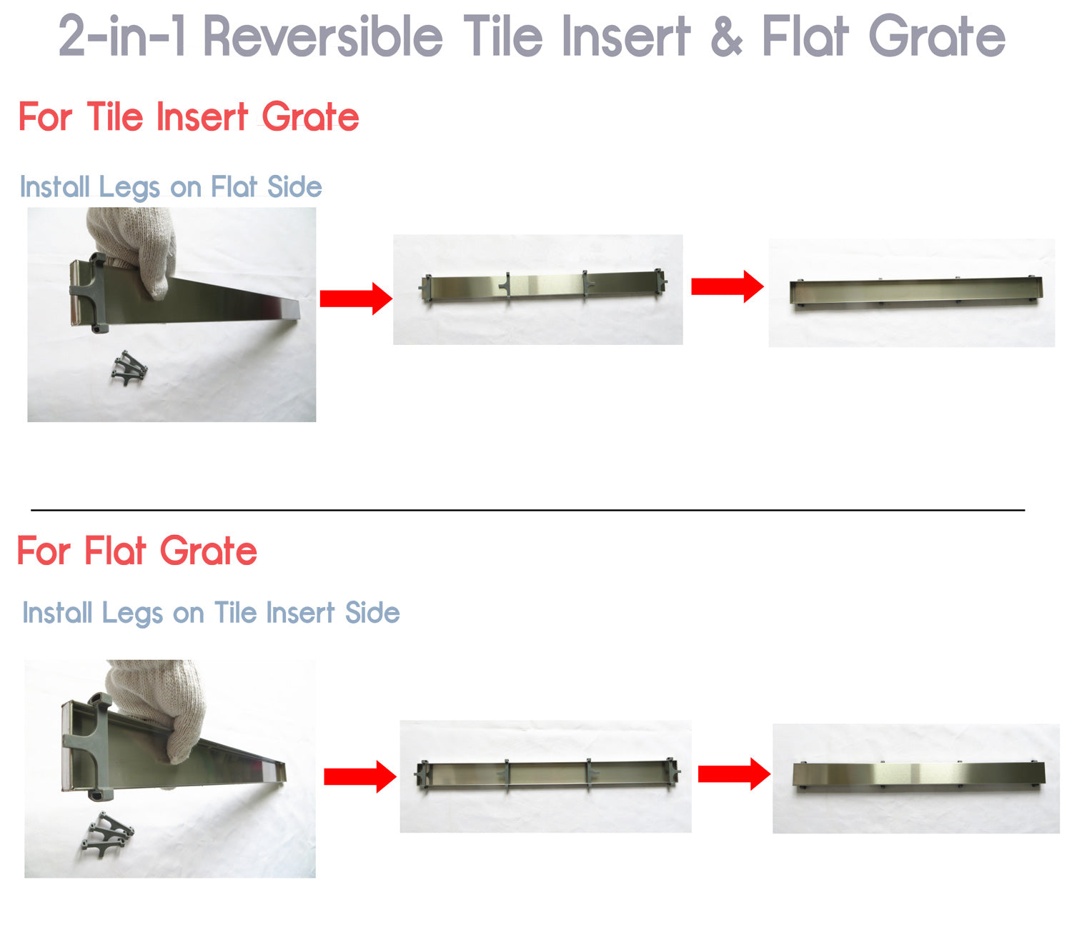 Bathroom Shower Linear Drain 2-sided Reversible Tile Insert Grate Brushed 304 Stainless Steel with Threaded Adaptor and Adjustable Leveling Feet