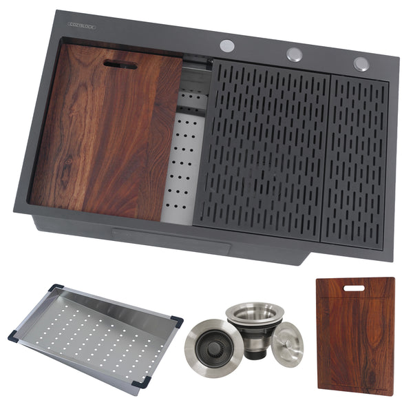 CozyBlock EmboPress Series Topmount Workstation Kitchen Sink - Premium 16 Gauge Black Stainless Steel with Integrated Drainboard, Dual-Tier Ledges, and Honeycomb Embossing, Complete Package w/ Cutting Board, Dish Rack, Strainer